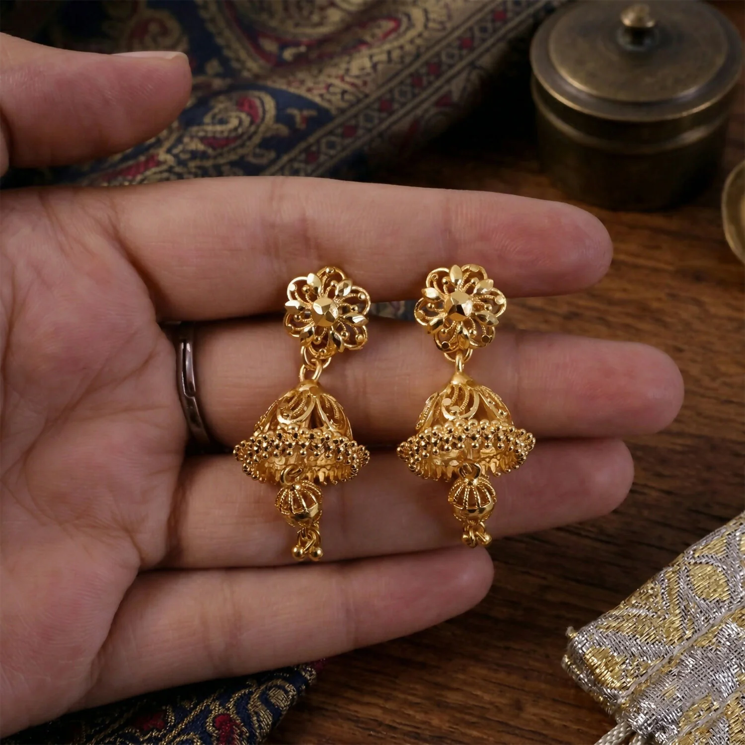 Exquisite Ethnic Gold-Toned Jhumki Earrings for Weddings and Festive Wear - Image 2