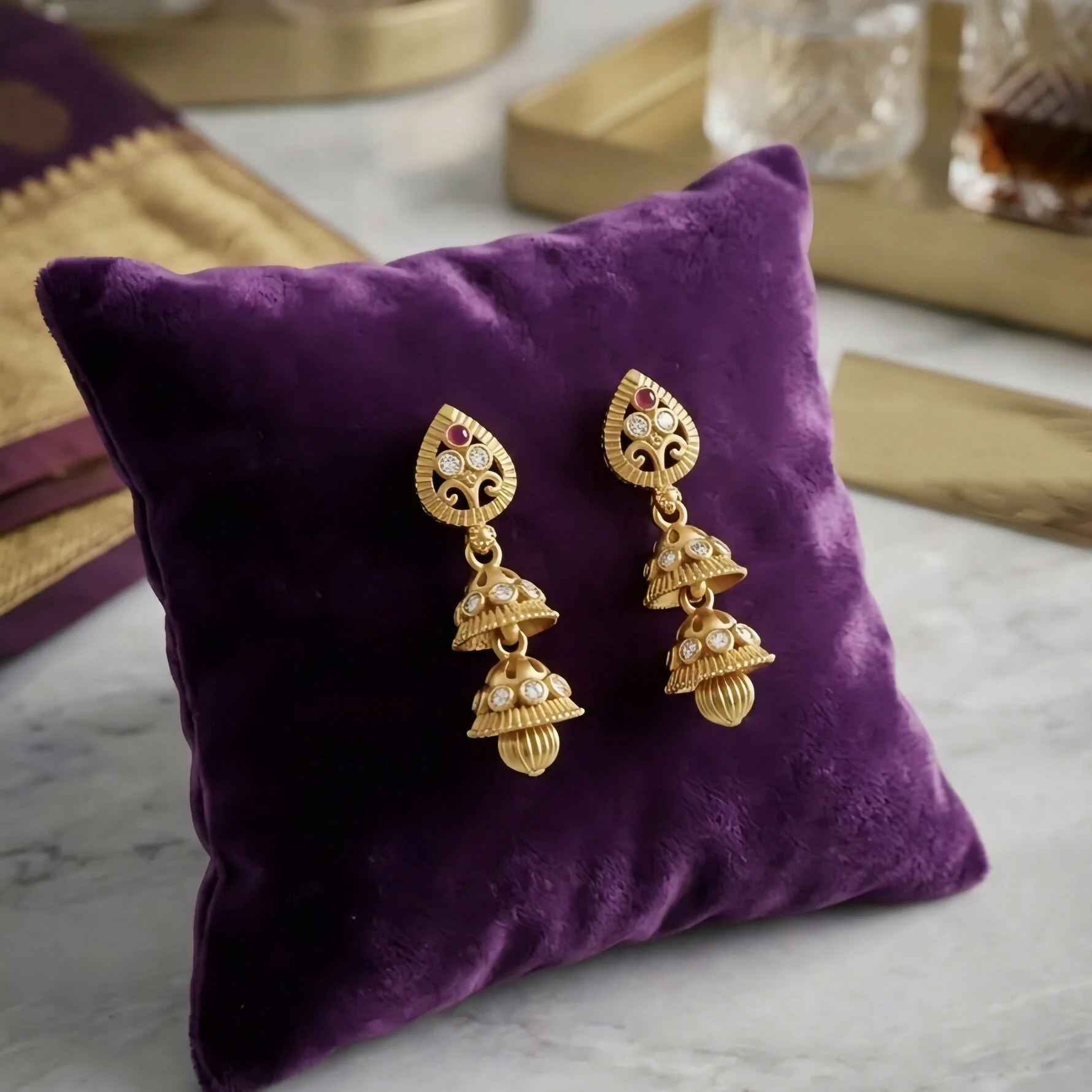 Exquisite Gold-Plated Double Layer Jhumka Earrings with Ruby and Stone Accents - Image 2