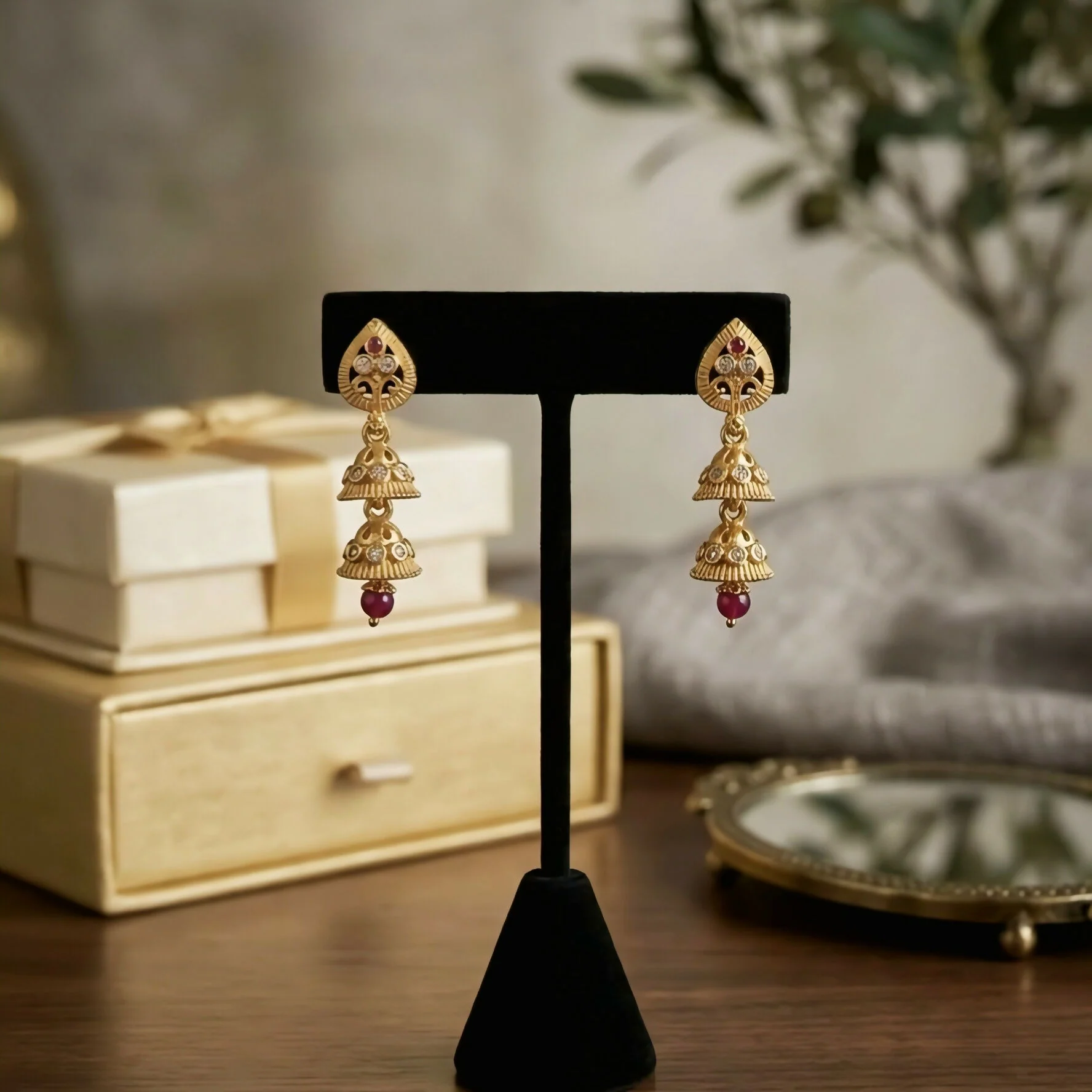 Exquisite Gold-Plated Double Layer Jhumka Earrings with Ruby and Stone Accents - Image 3