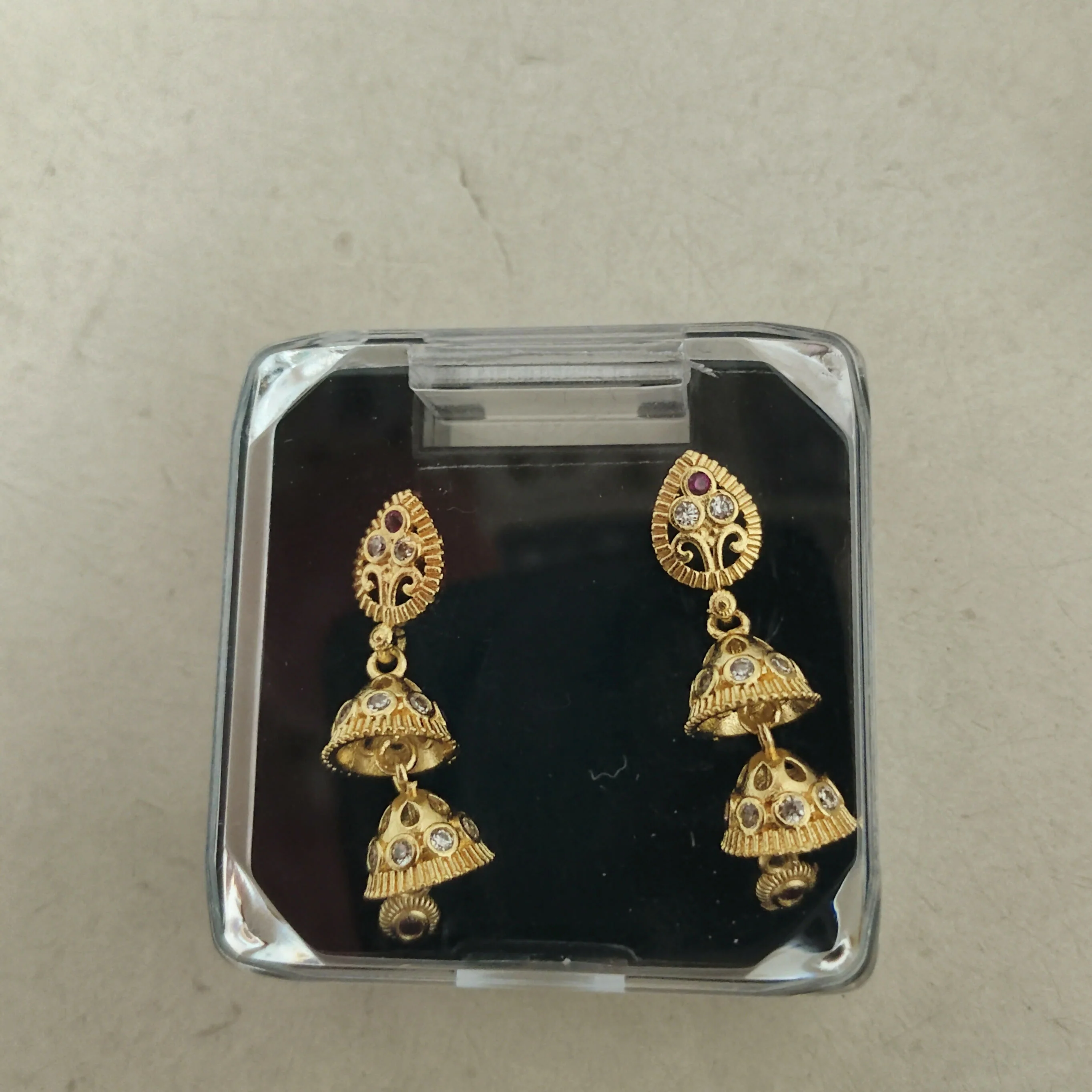 Exquisite Gold-Plated Double Layer Jhumka Earrings with Ruby and Stone Accents - Image 4