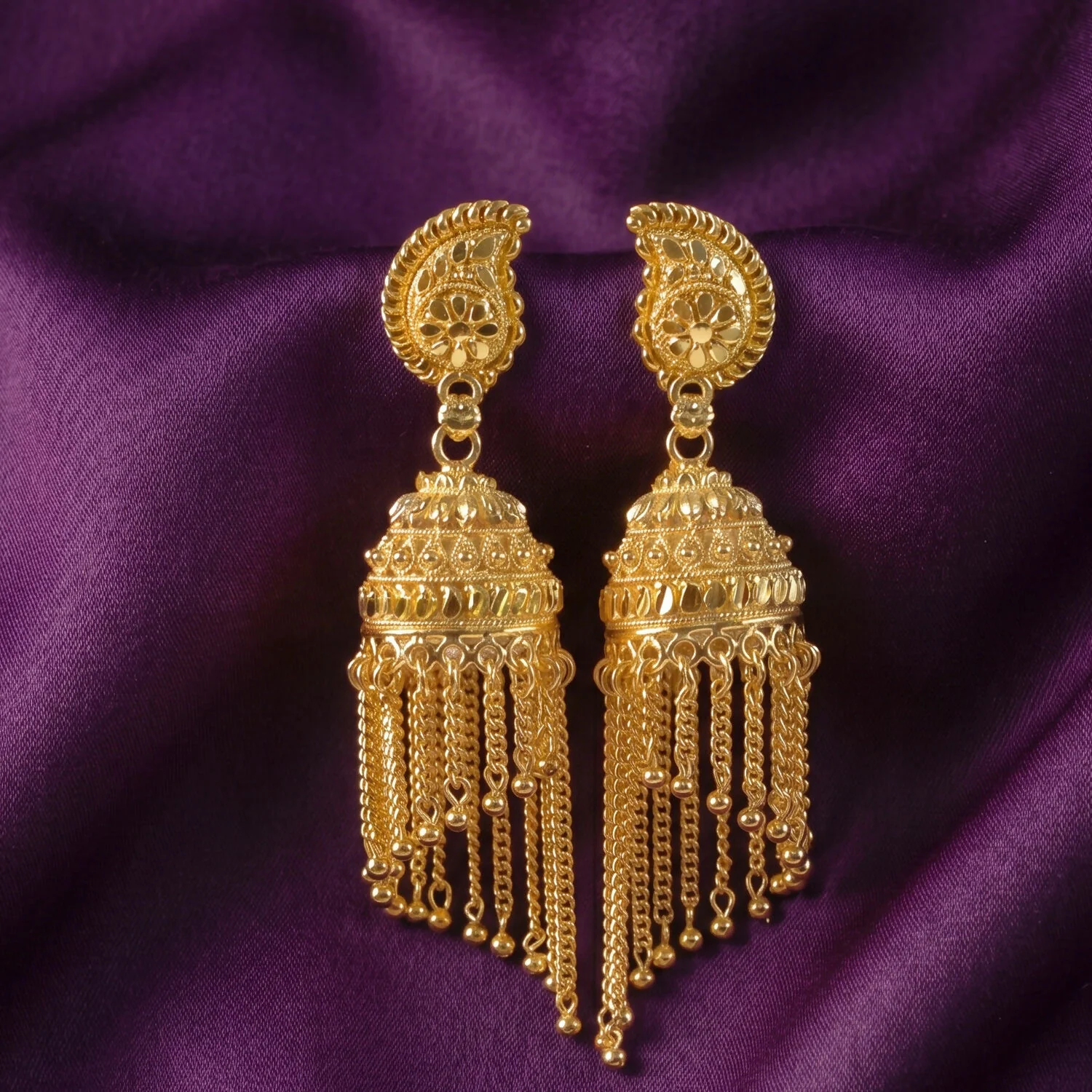 Exquisite Gold-Plated Jhumka Earrings with Chain Detailing and Pearl Drops for Celebrations - Image 2