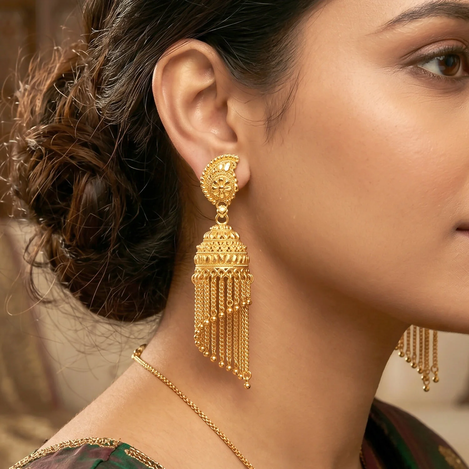 Exquisite Gold-Plated Jhumka Earrings with Chain Detailing and Pearl Drops for Celebrations - Image 3