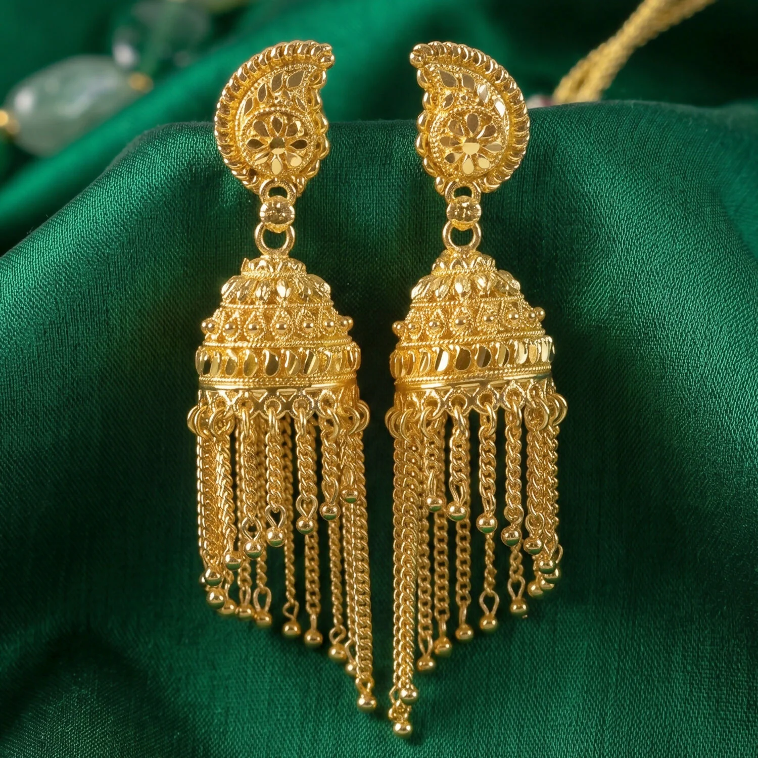 Exquisite Gold-Plated Jhumka Earrings with Chain Detailing and Pearl Drops for Celebrations - Image 4