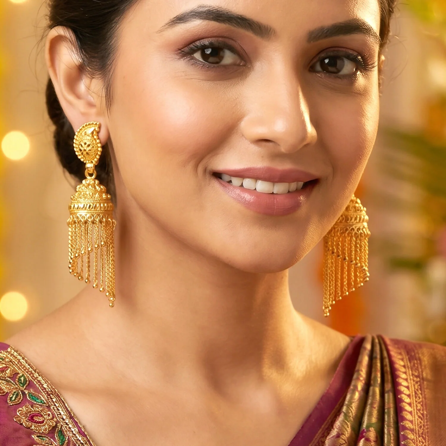 Exquisite Gold-Plated Jhumka Earrings with Chain Detailing and Pearl Drops for Celebrations - Image 5