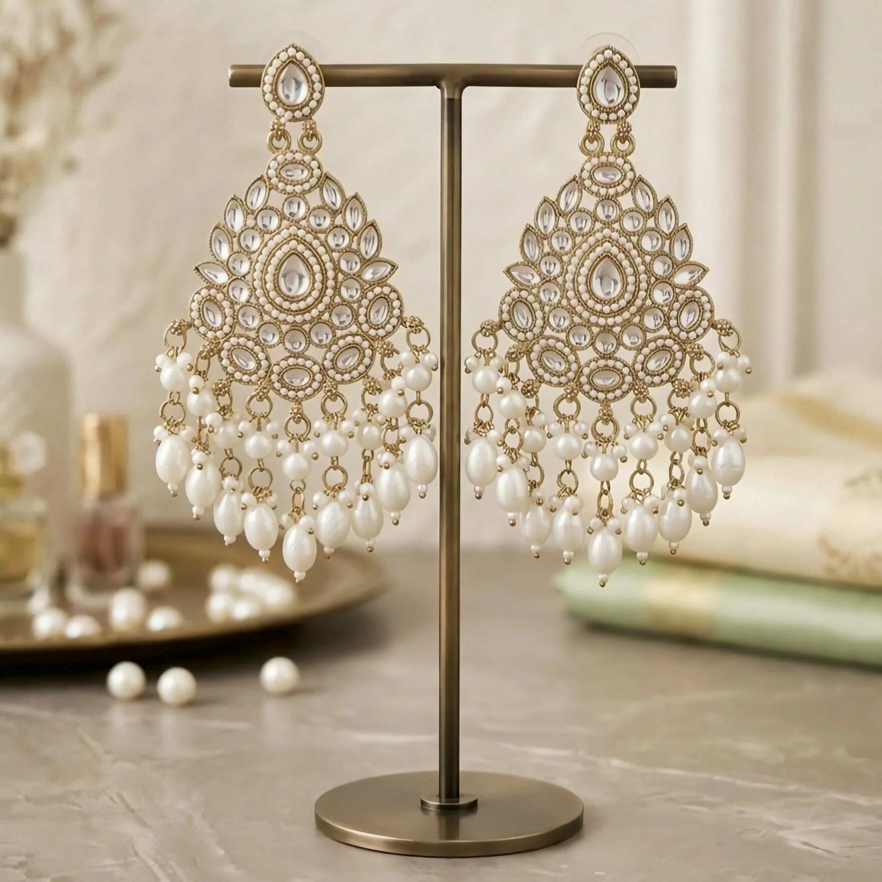 Exquisite Kundan & Pearl Drop Chandbali Earrings with Gold-Plated Finish - Image 2