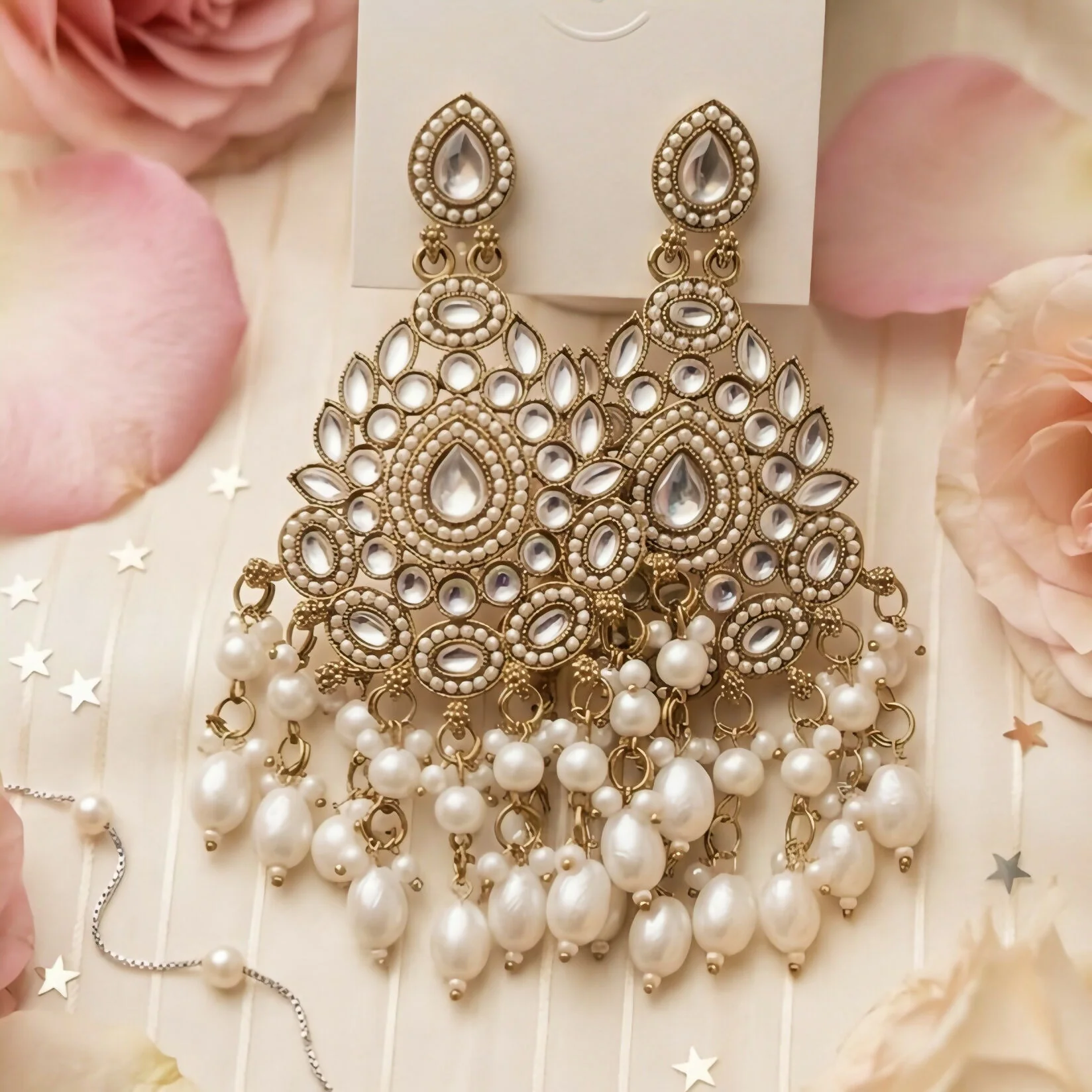 Exquisite Kundan & Pearl Drop Chandbali Earrings with Gold-Plated Finish - Image 3