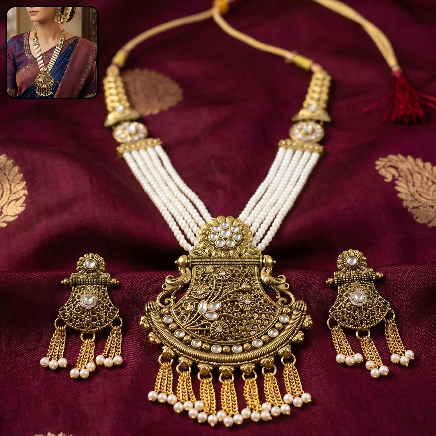 Exquisite Pearl and Stone-Studded Bridal Necklace Set with Earrings