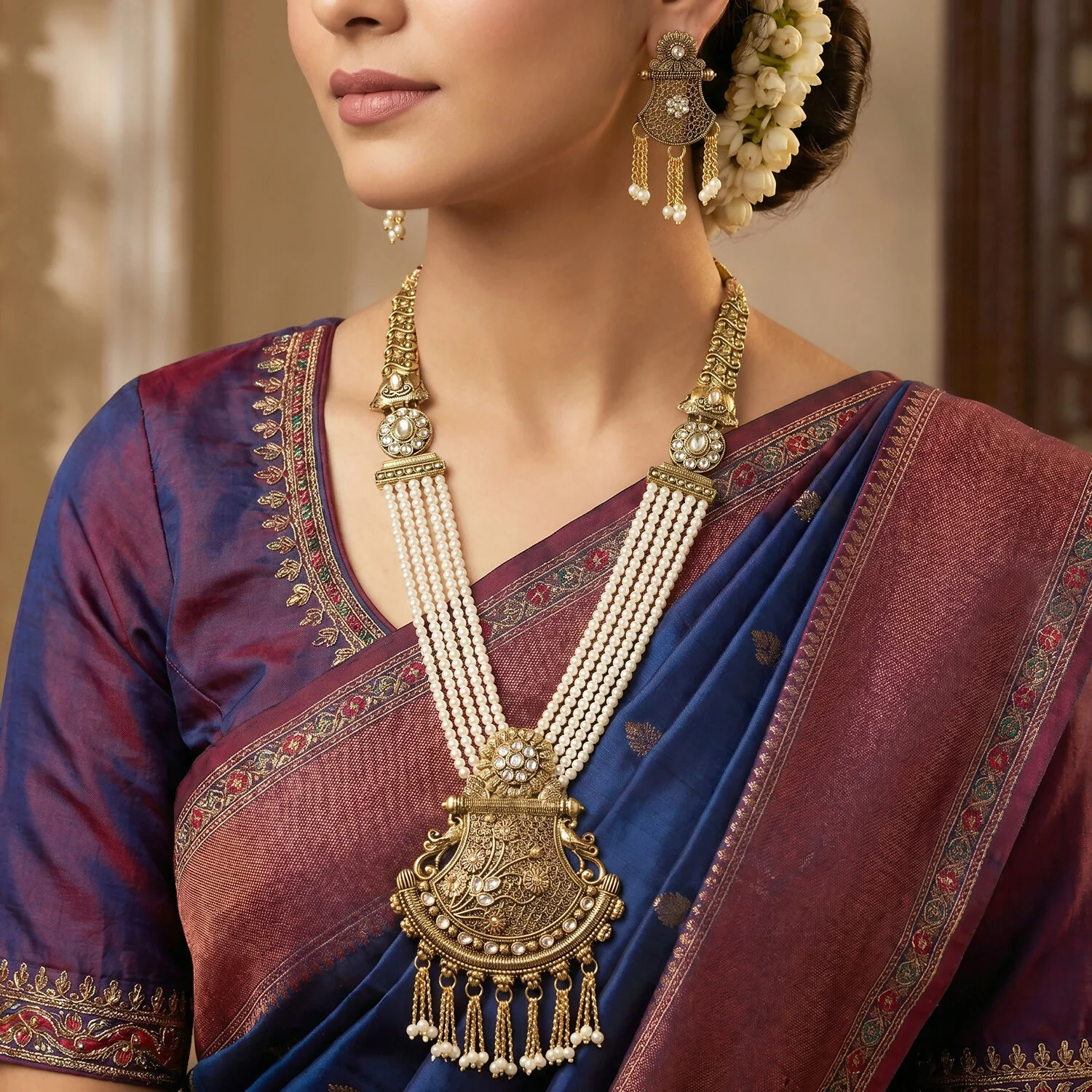 Exquisite Pearl and Stone-Studded Bridal Necklace Set with Earrings - Image 2