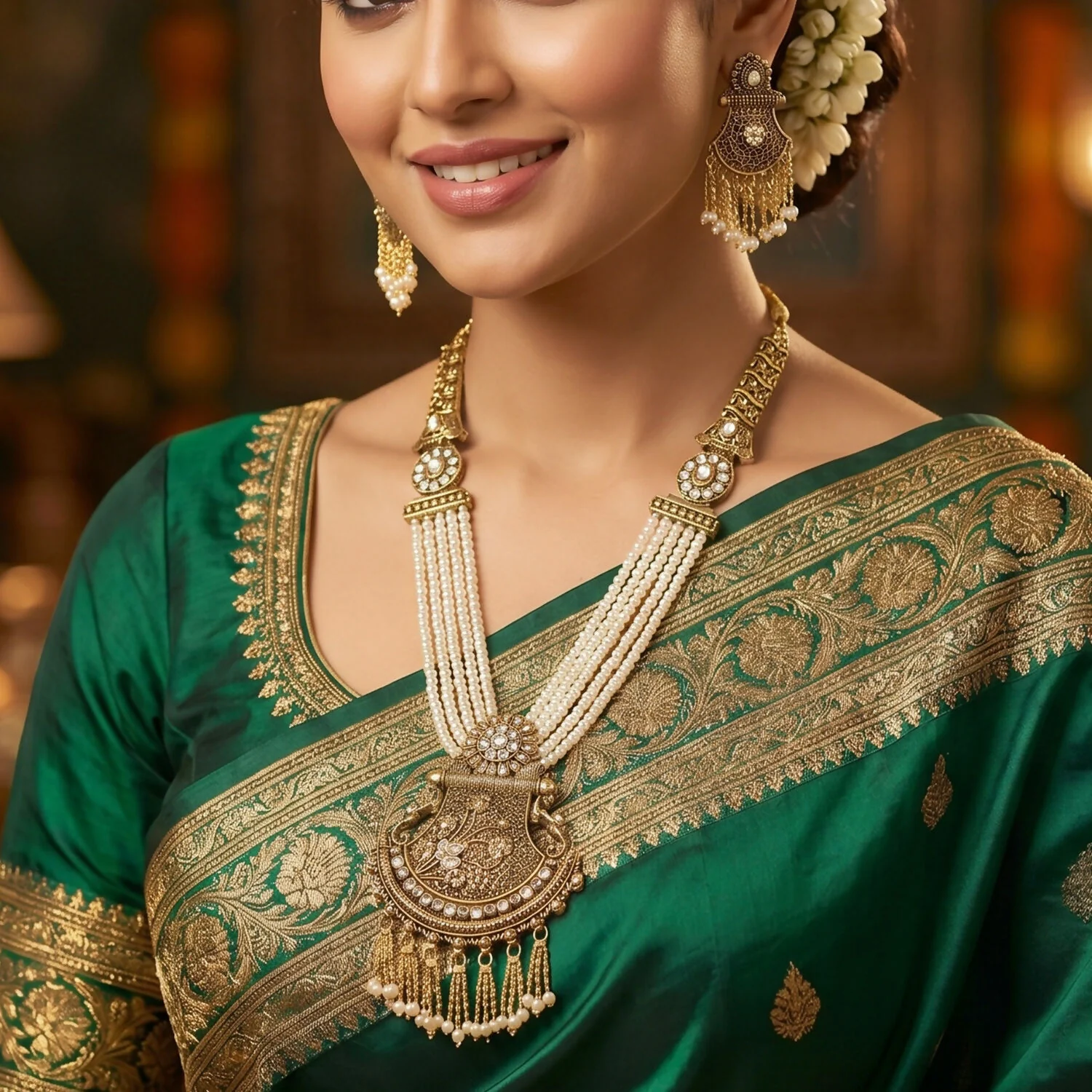 Exquisite Pearl and Stone-Studded Bridal Necklace Set with Earrings - Image 3