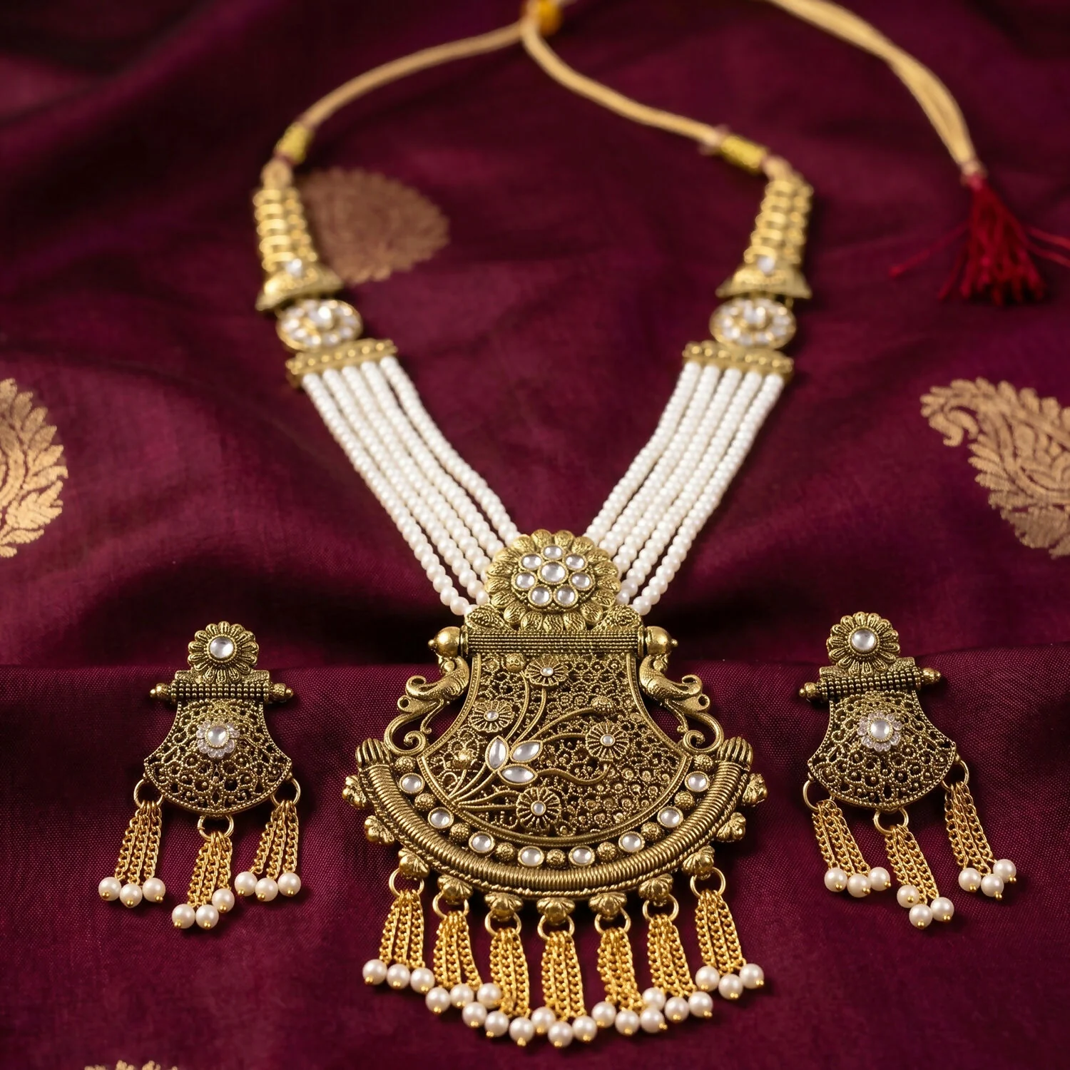 Exquisite Pearl and Stone-Studded Bridal Necklace Set with Earrings - Image 4
