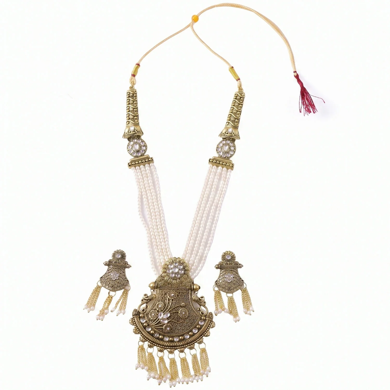 Exquisite Pearl and Stone-Studded Bridal Necklace Set with Earrings - Image 6