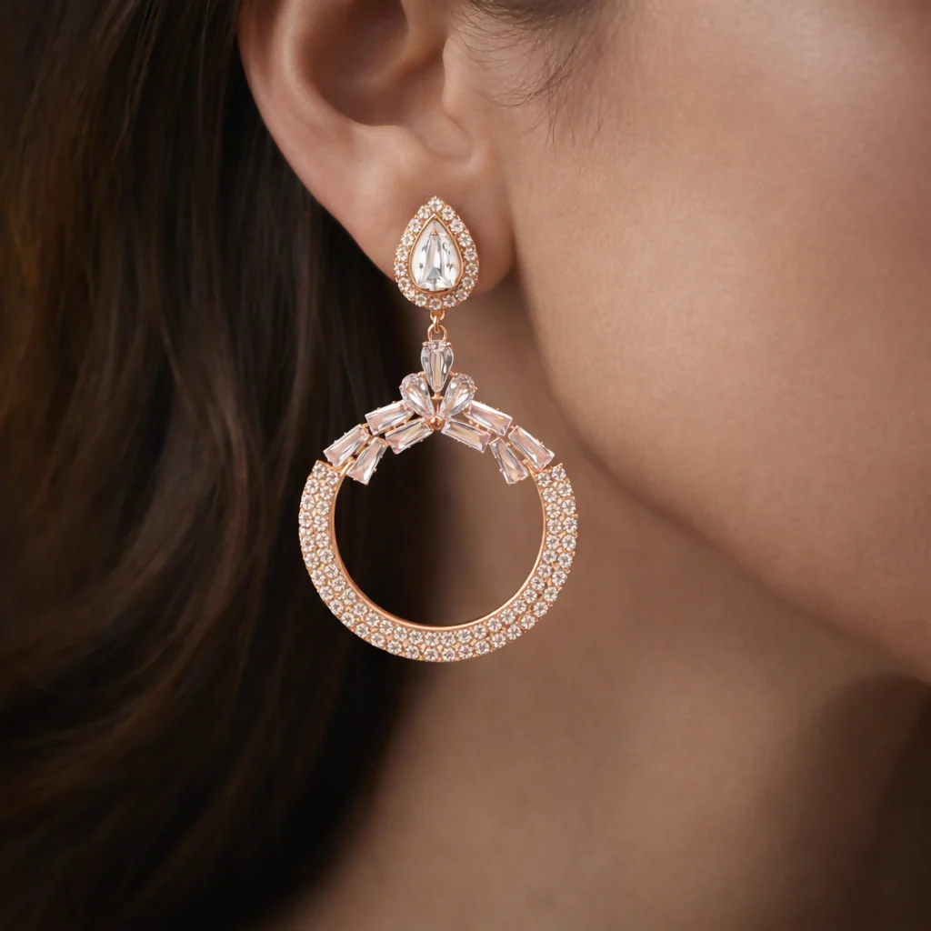 Exquisite Rose Gold Tone Chandbali Statement Earrings - Image 2