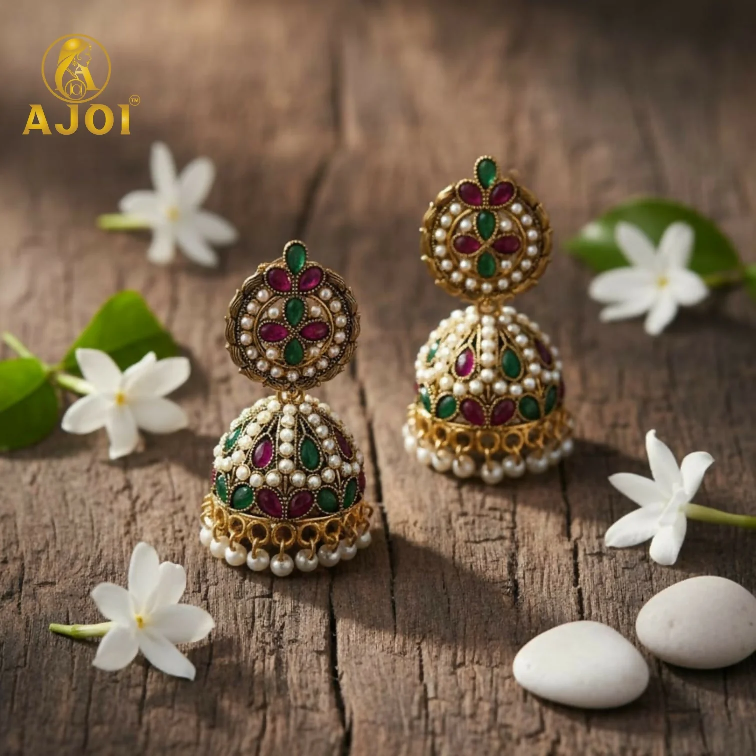 Exquisite Traditional Kundan Jhumka Earrings with Ruby & Emerald Stones, Handcrafted Gold-Tone Pearl Drop Bridal Jewelry - Image 3