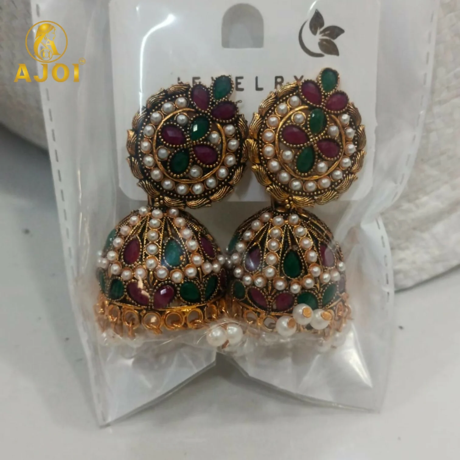 Exquisite Traditional Kundan Jhumka Earrings with Ruby & Emerald Stones, Handcrafted Gold-Tone Pearl Drop Bridal Jewelry - Image 6