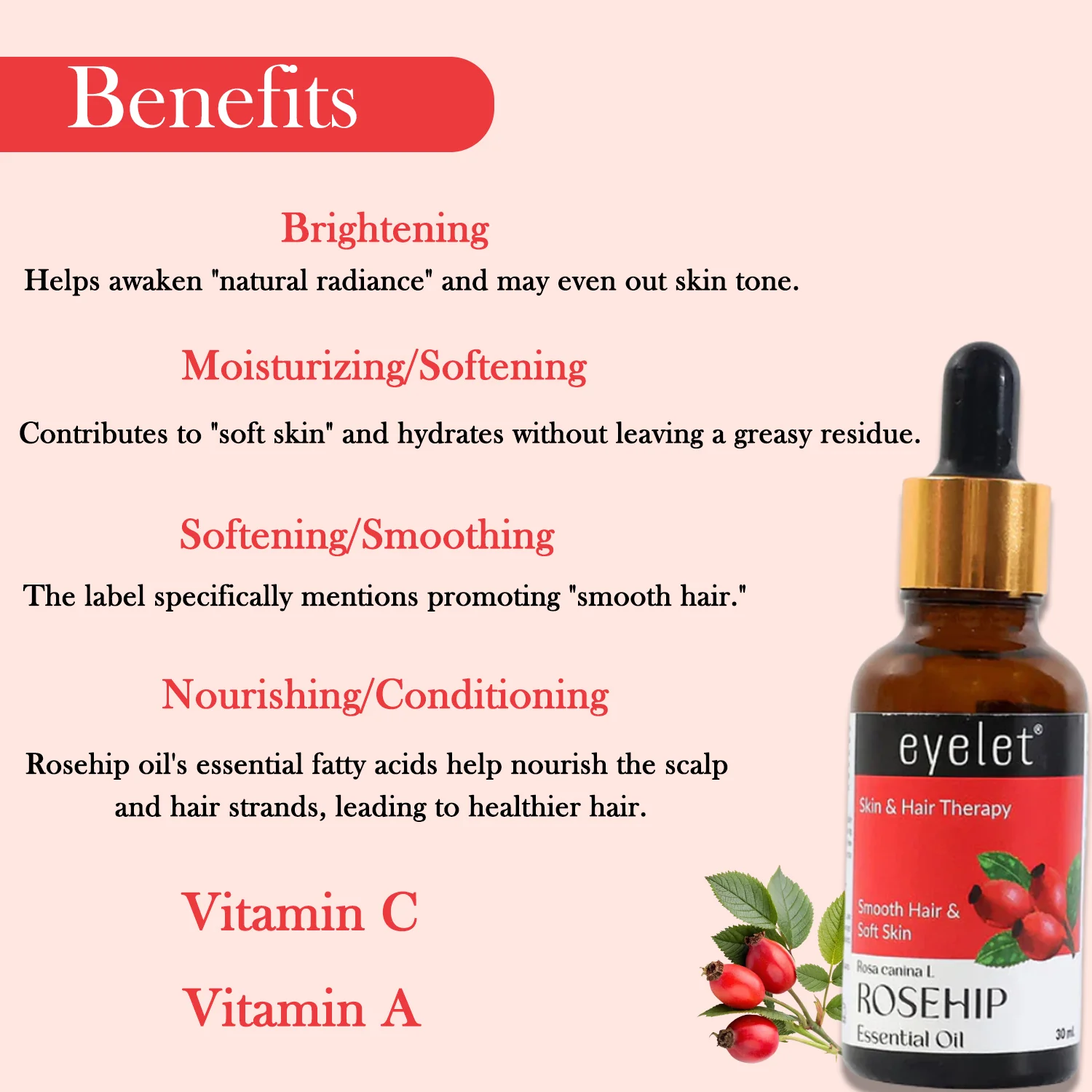 Eyelet Rosehip Essential Oil Natural Skin & Hair Therapy Oil for Smooth Hair - Image 4