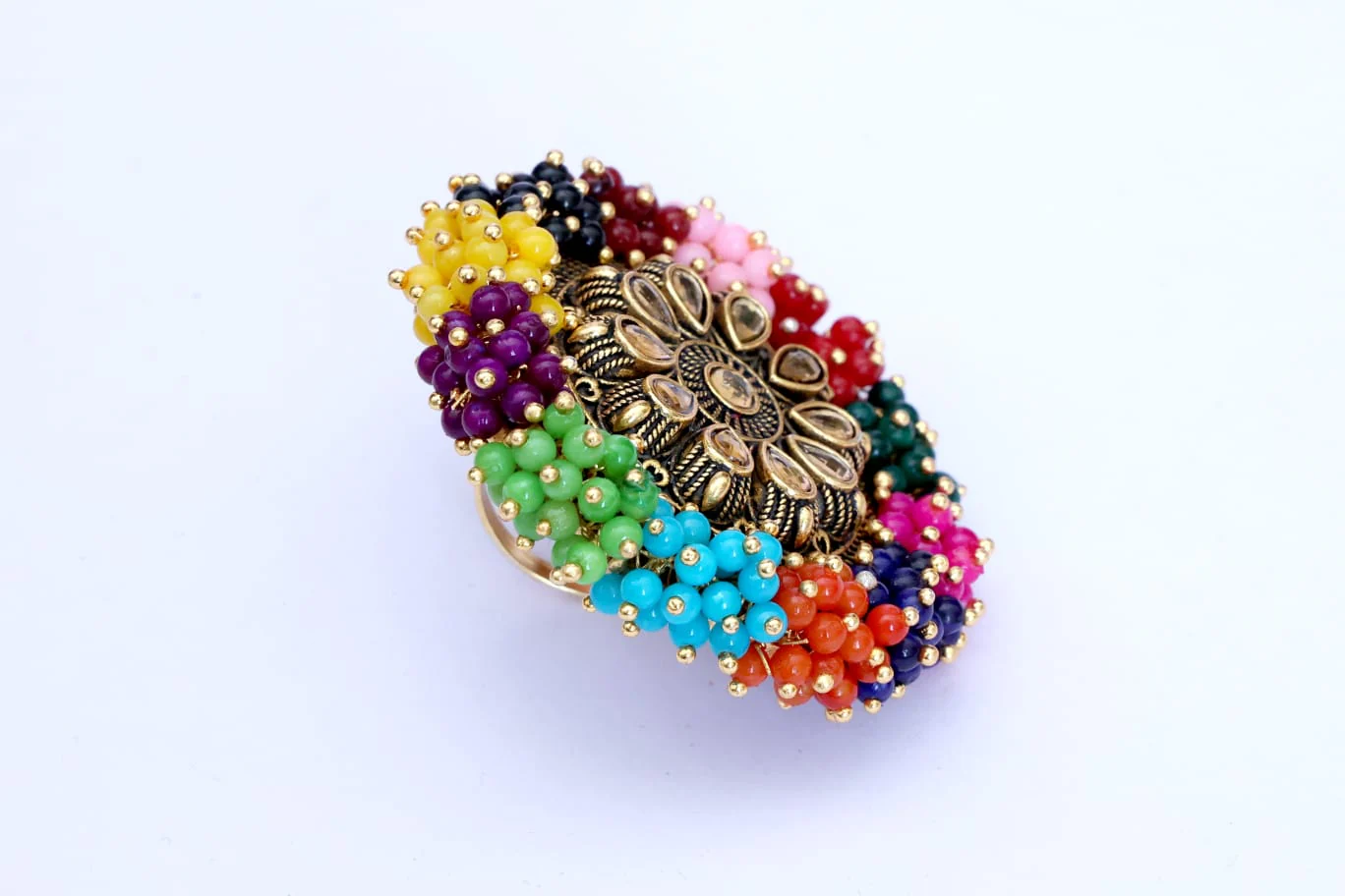 Fashion Multi Colour Guchha Alloy Gold Plated Wedding Ring For Girls And Women - Image 3