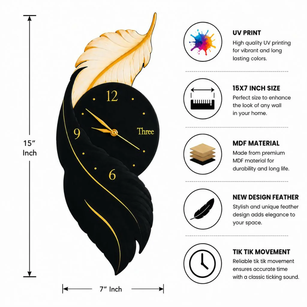 Modern Leaf Design Wall Clock with Black and Gold Accents for Stylish Home Decor (15x7 Inch) - Image 2