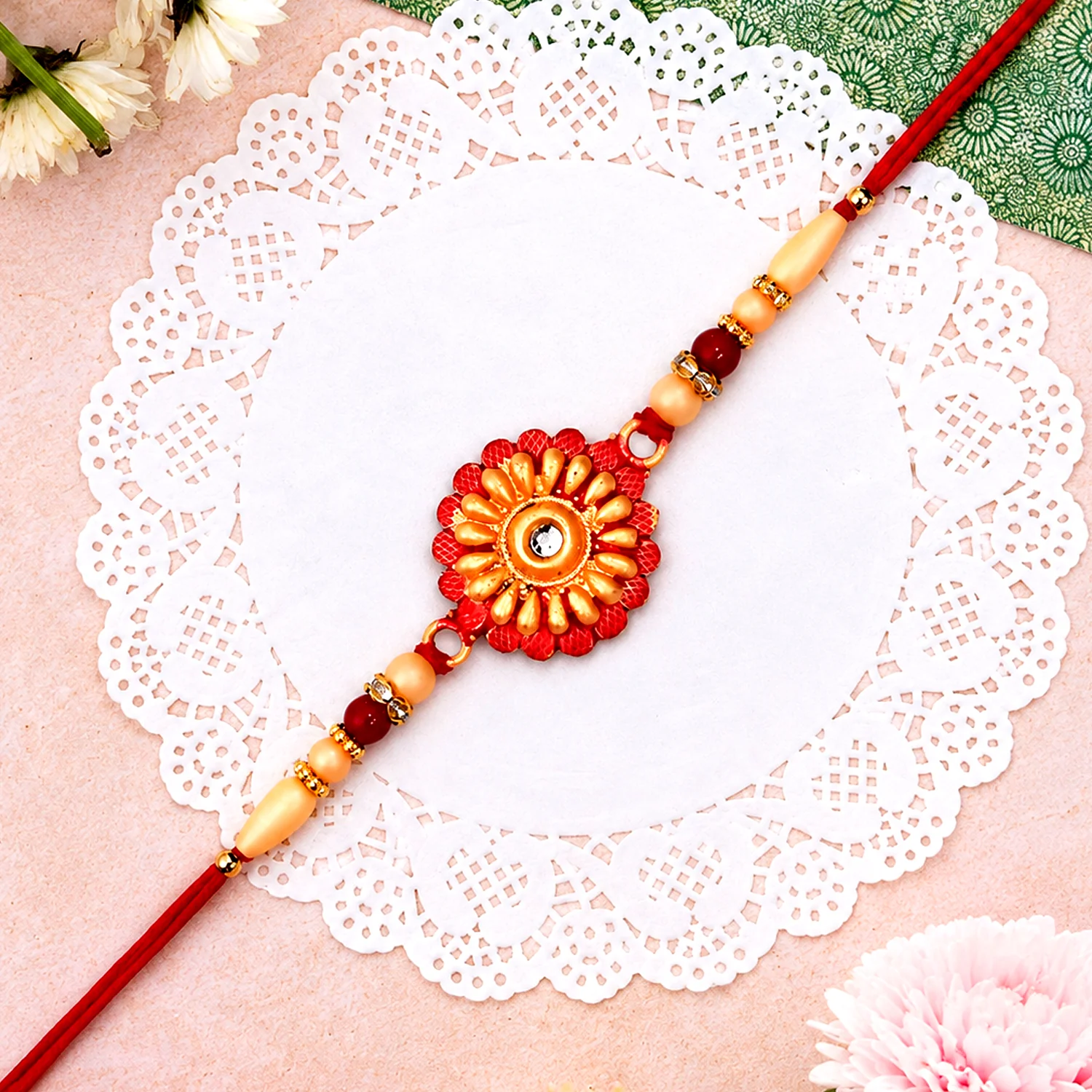 Floral Bead Rakhi with Central Stone