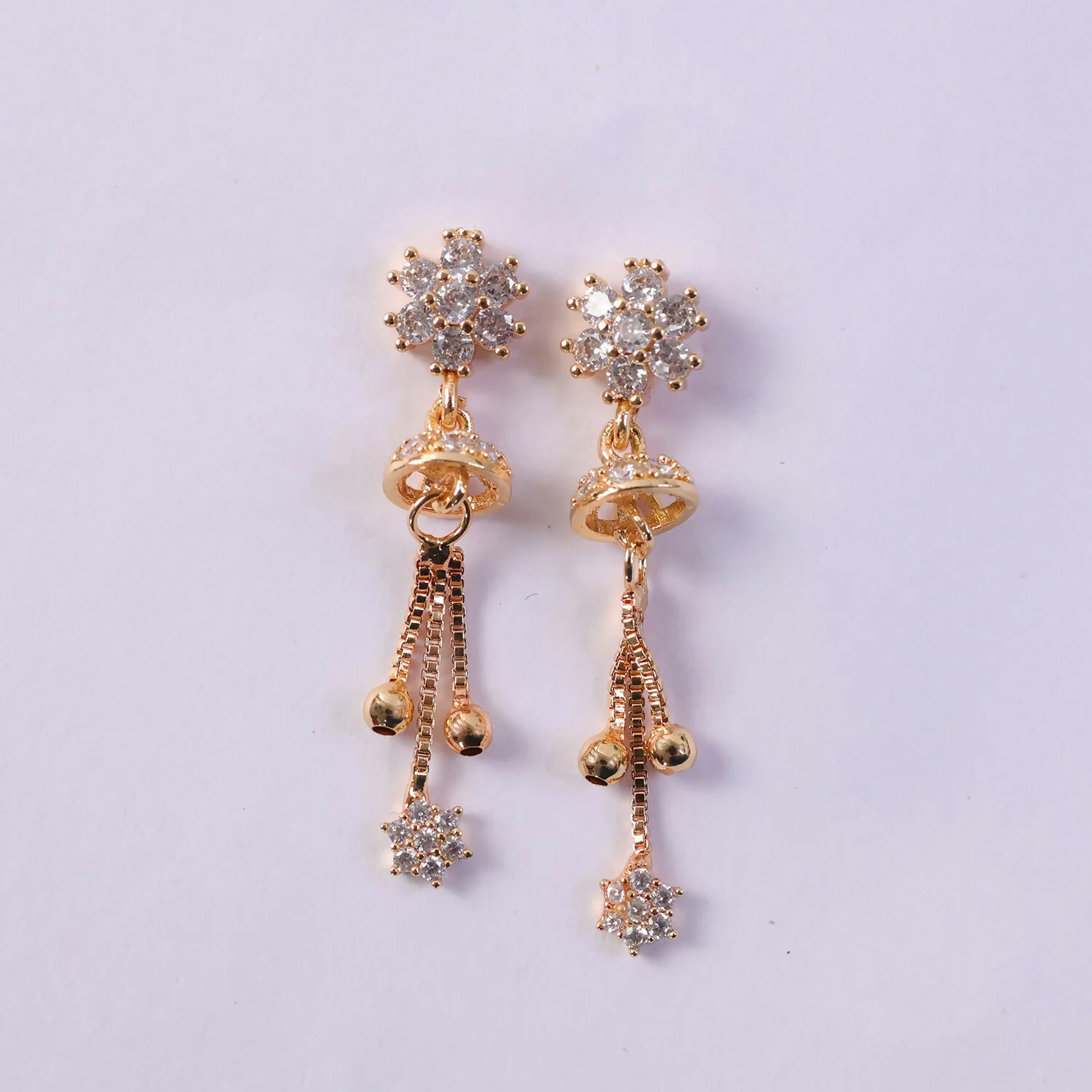 Floral Crystal Drop Earrings with Gold-Tone Chain Tassels - Image 5
