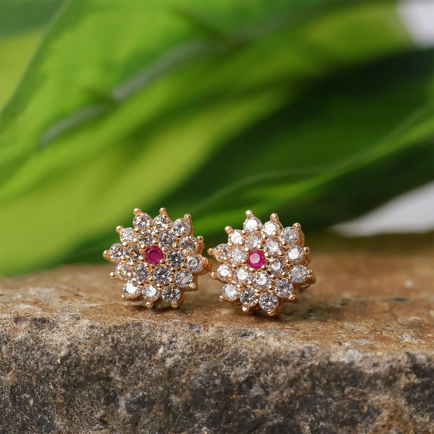 Floral CZ Stud Earrings with Center Stone for Daily & Party Wear - Image 3