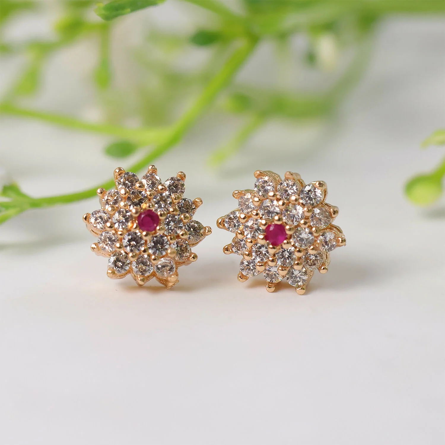 Floral CZ Stud Earrings with Center Stone for Daily & Party Wear - Image 4