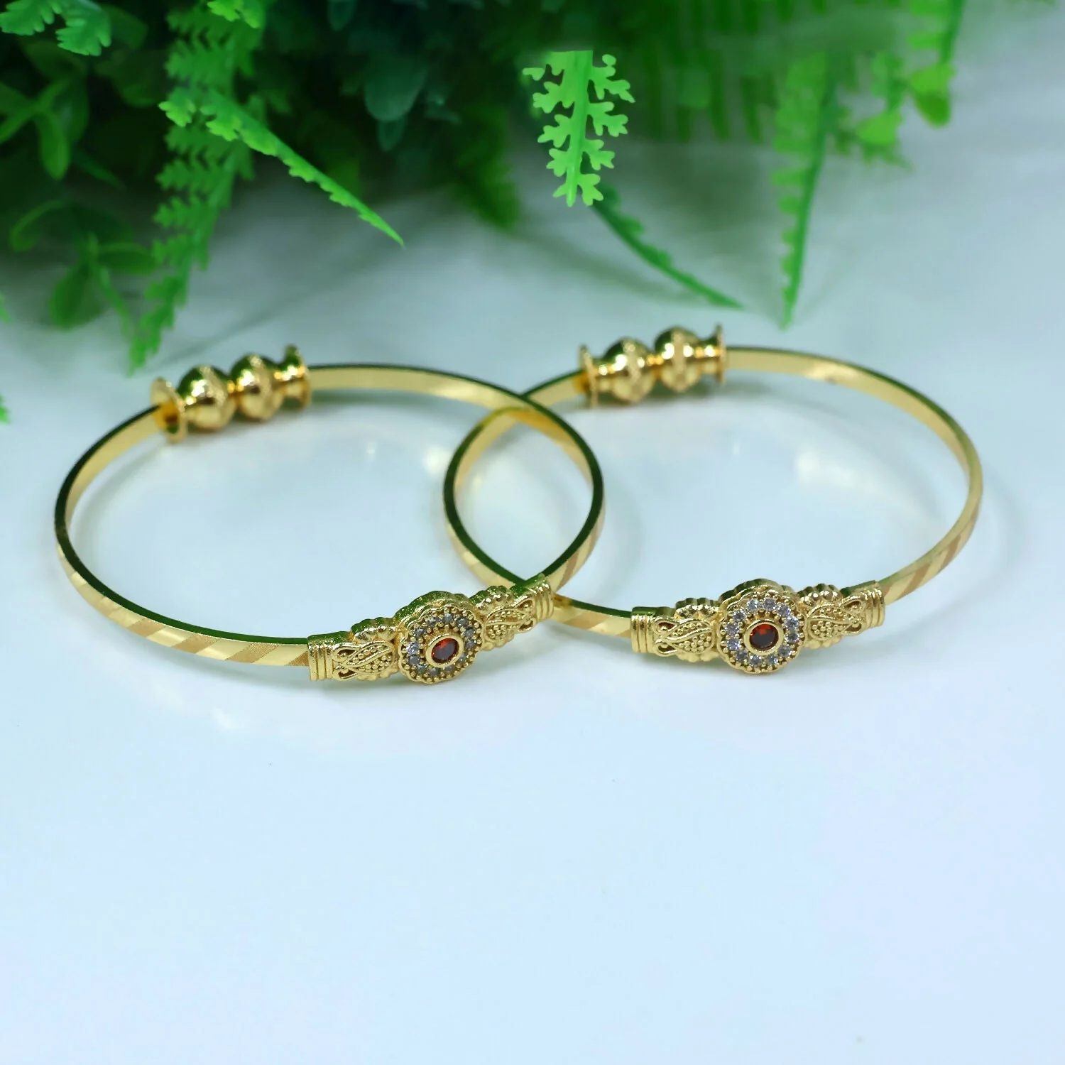 Floral Design Bangles with Stone Center and Beaded Accents - Image 2