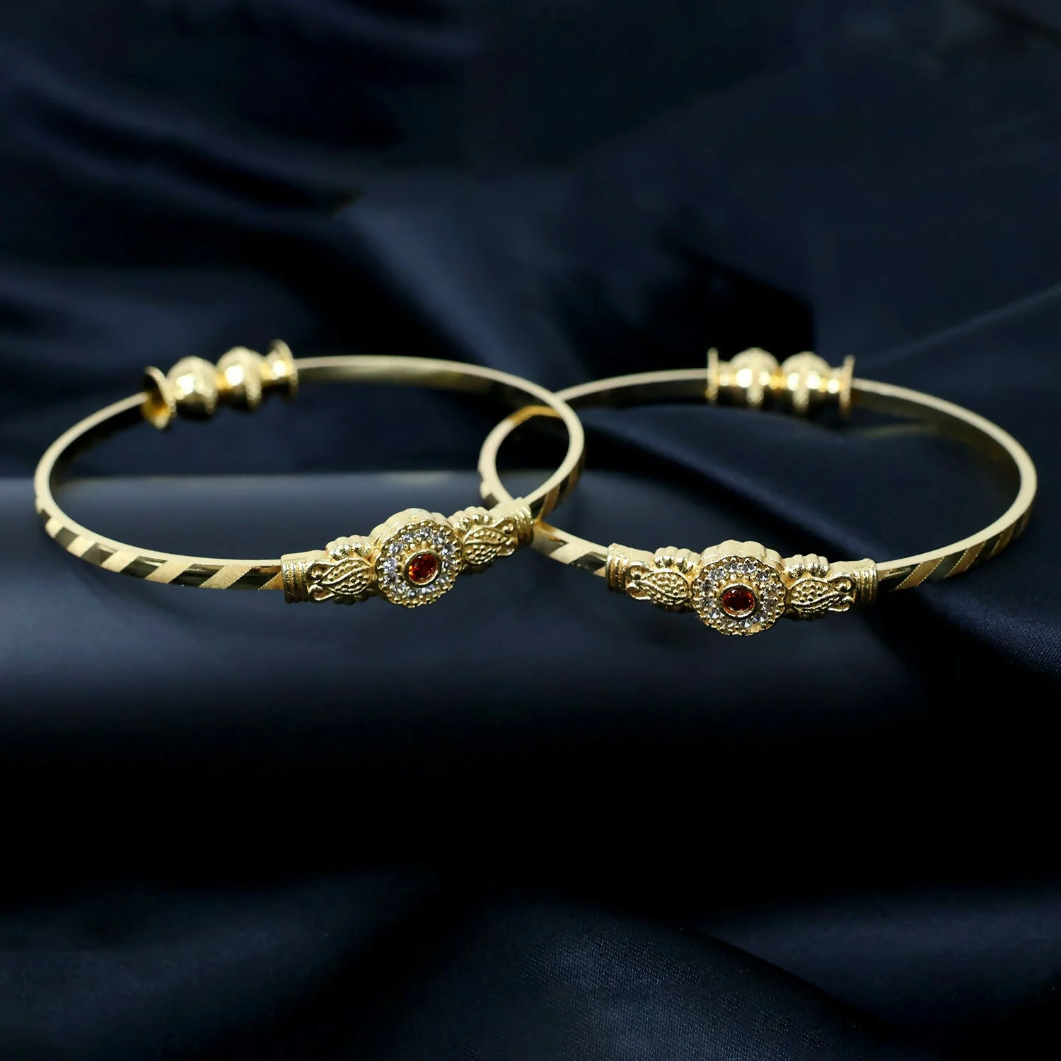 Floral Design Bangles with Stone Center and Beaded Accents - Image 3