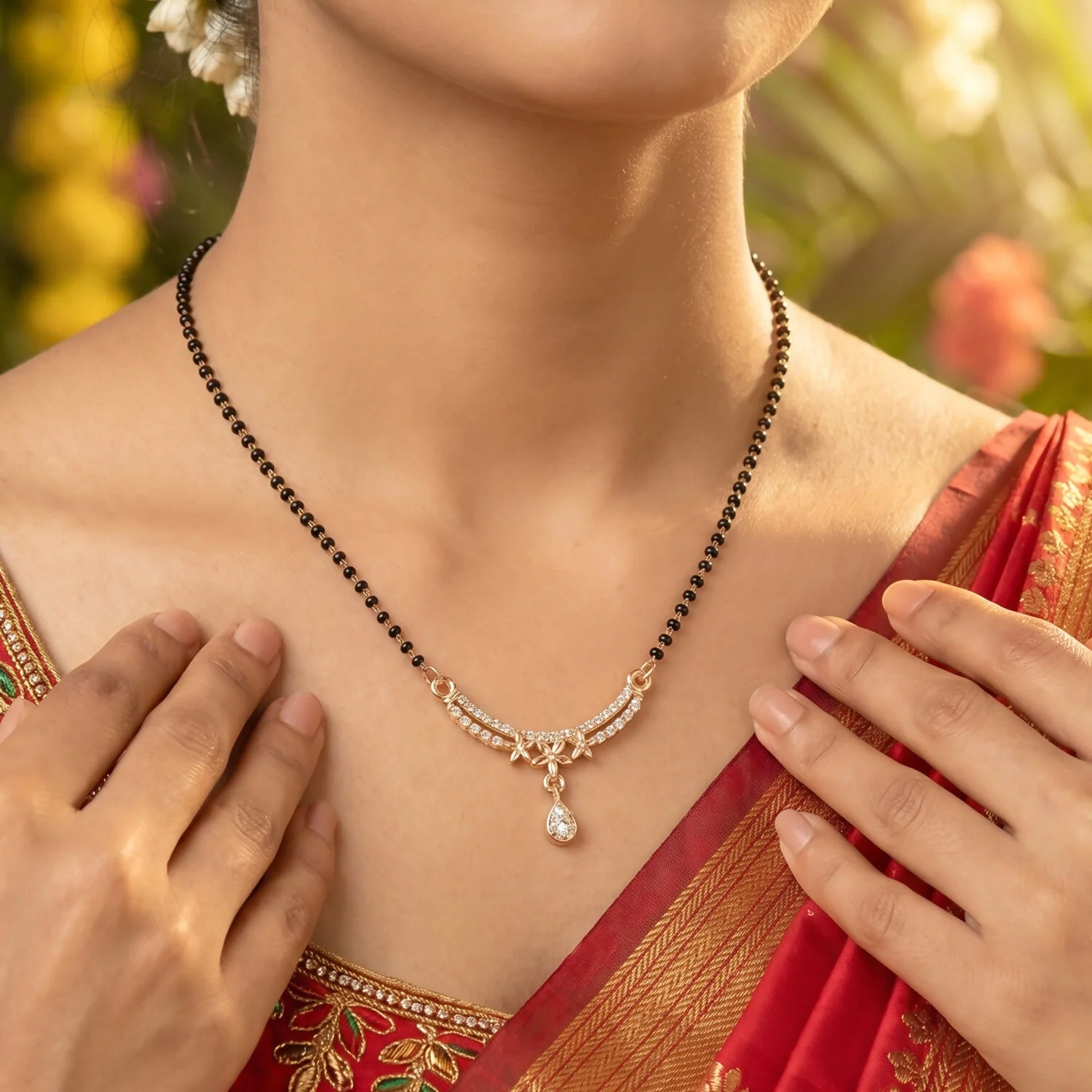 Floral Design Mangalsutra Necklace with Teardrop Pendant 1 Pc - Image 3