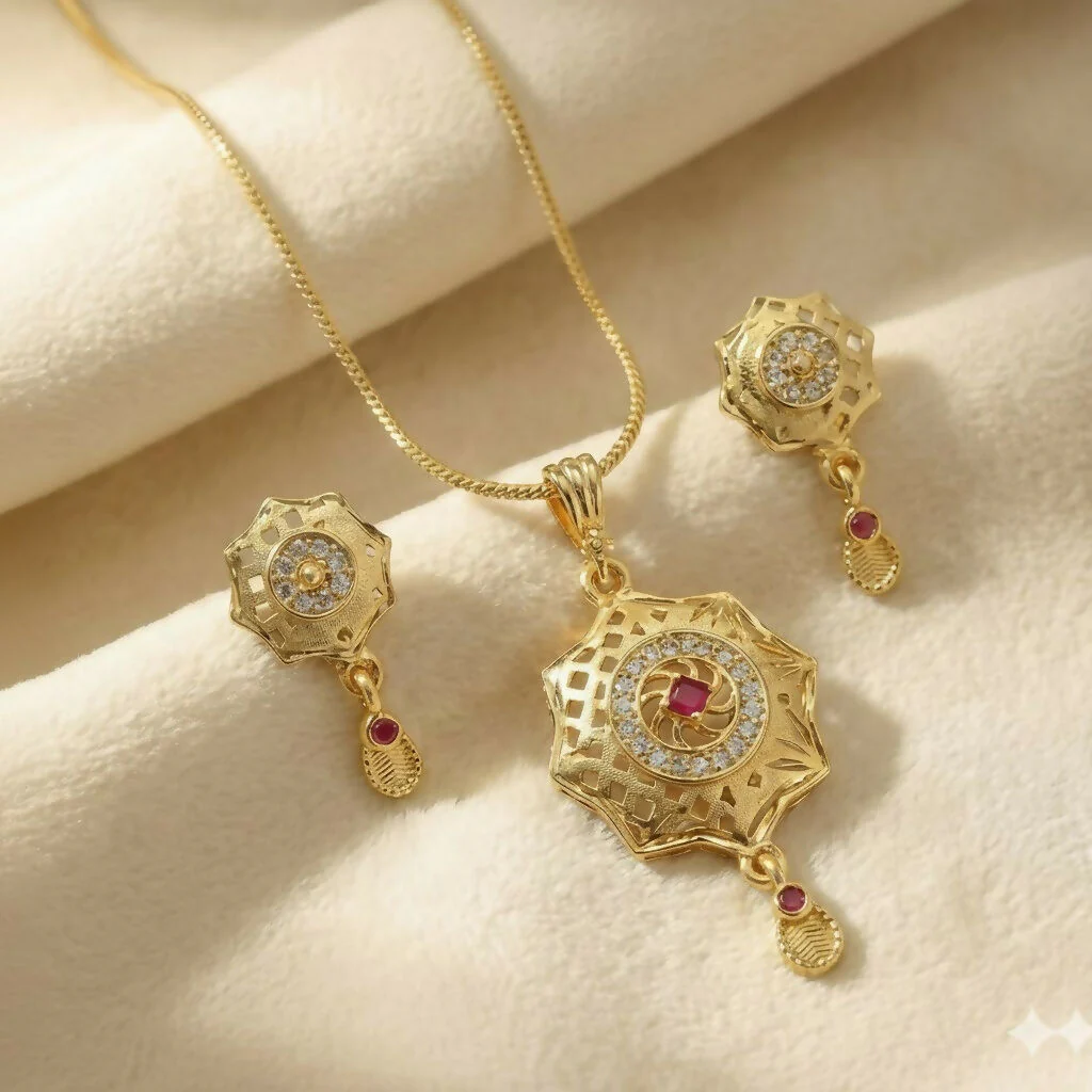 Floral Disc Gold Pendant and Earring Set Elegant Traditional Jewelry for Women - Image 3