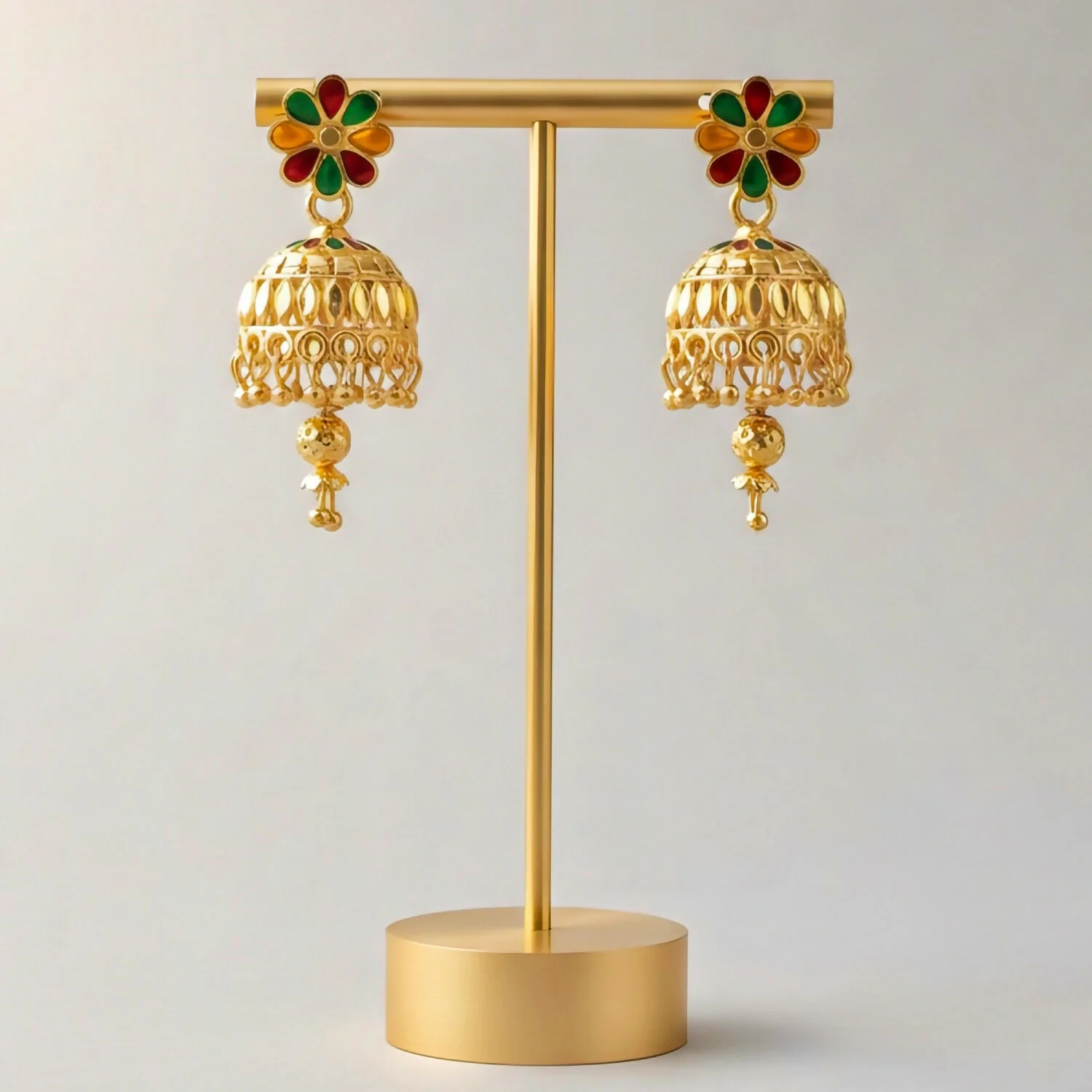 Floral Enamel Gold-Plated Jhumka Earrings - Image 2