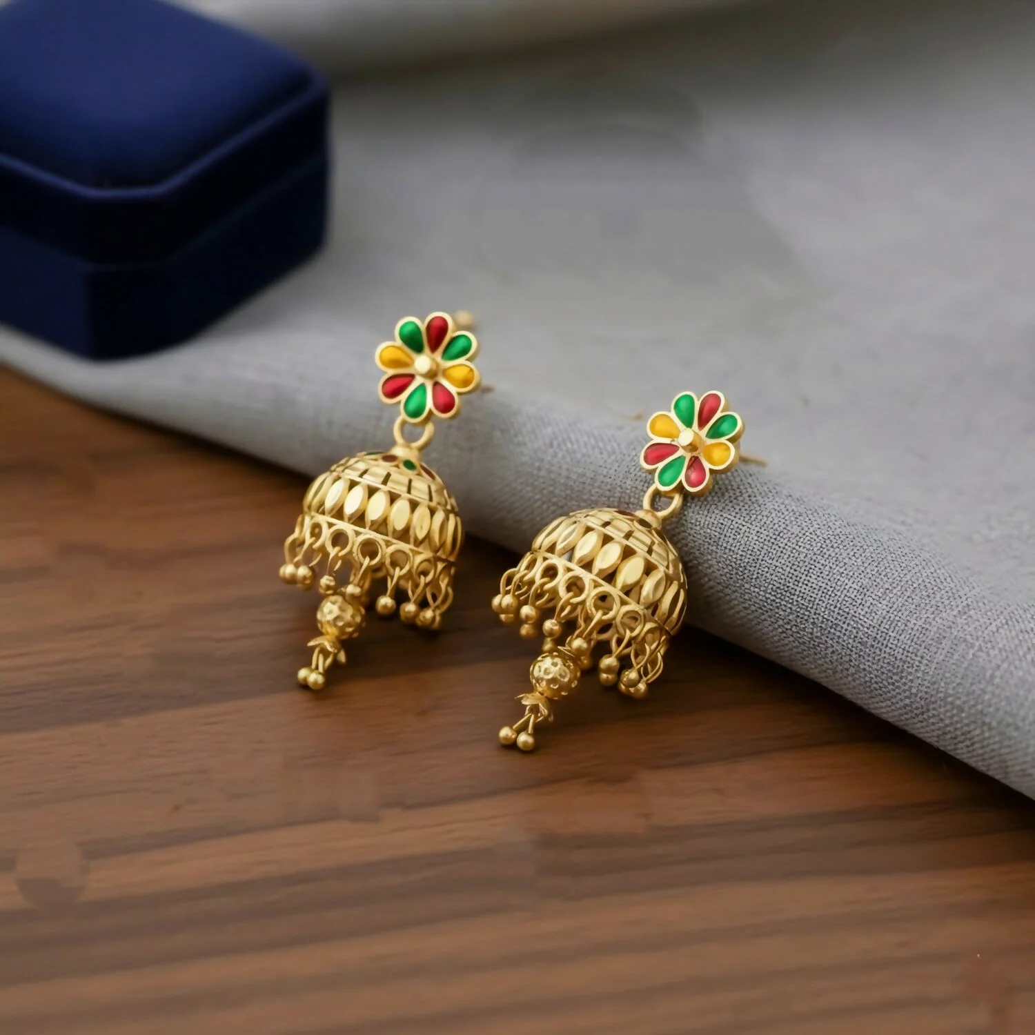 Floral Enamel Gold-Plated Jhumka Earrings - Image 3