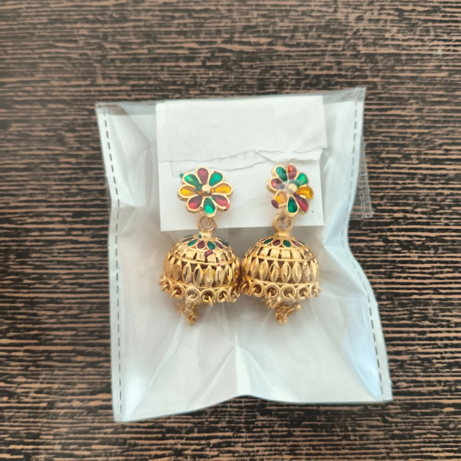 Floral Enamel Gold-Plated Jhumka Earrings - Image 4