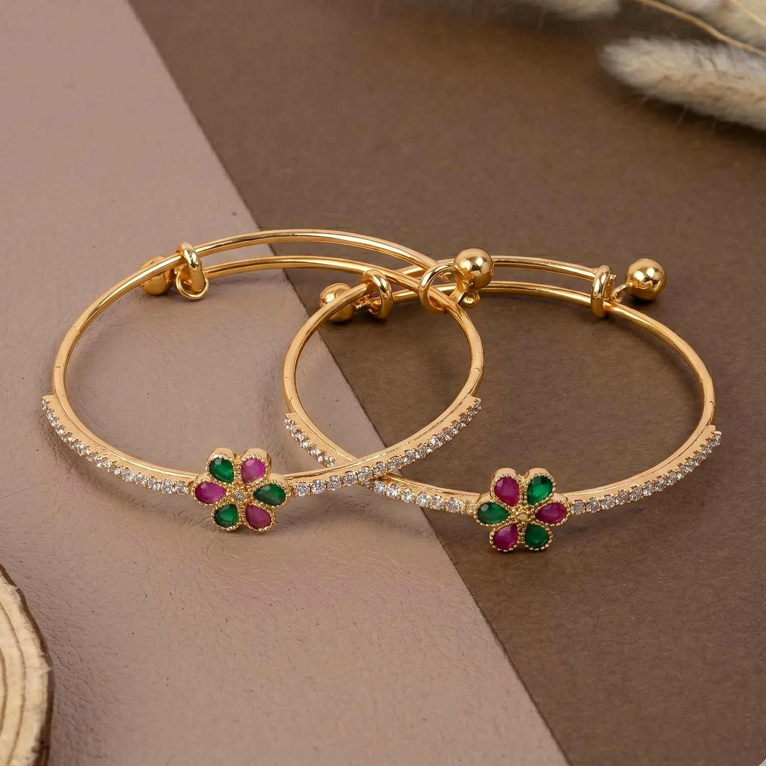 Floral Gemstone Adjustable Gold Finish Bangles for Women