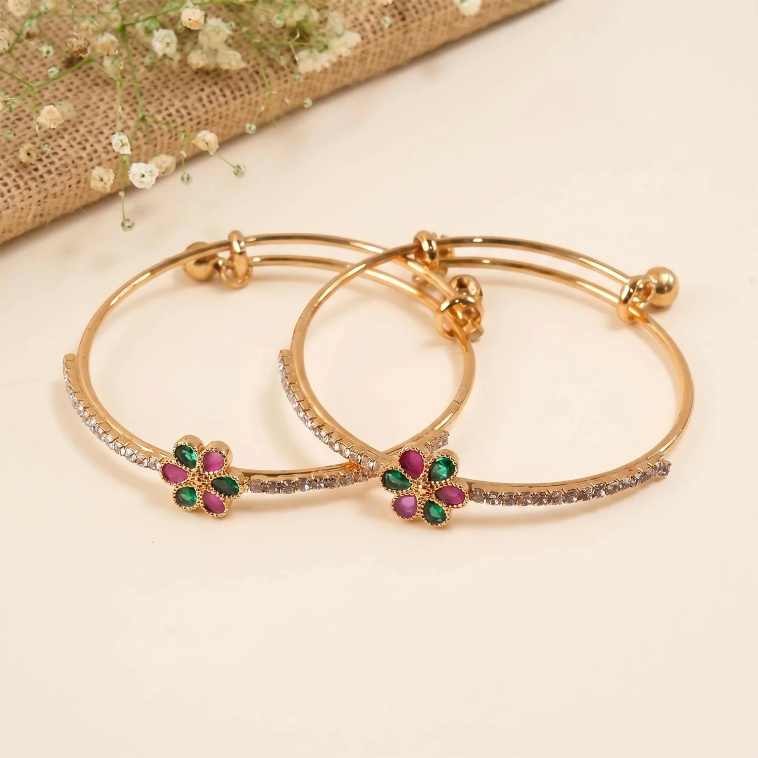 Floral Gemstone Adjustable Gold Finish Bangles for Women - Image 2