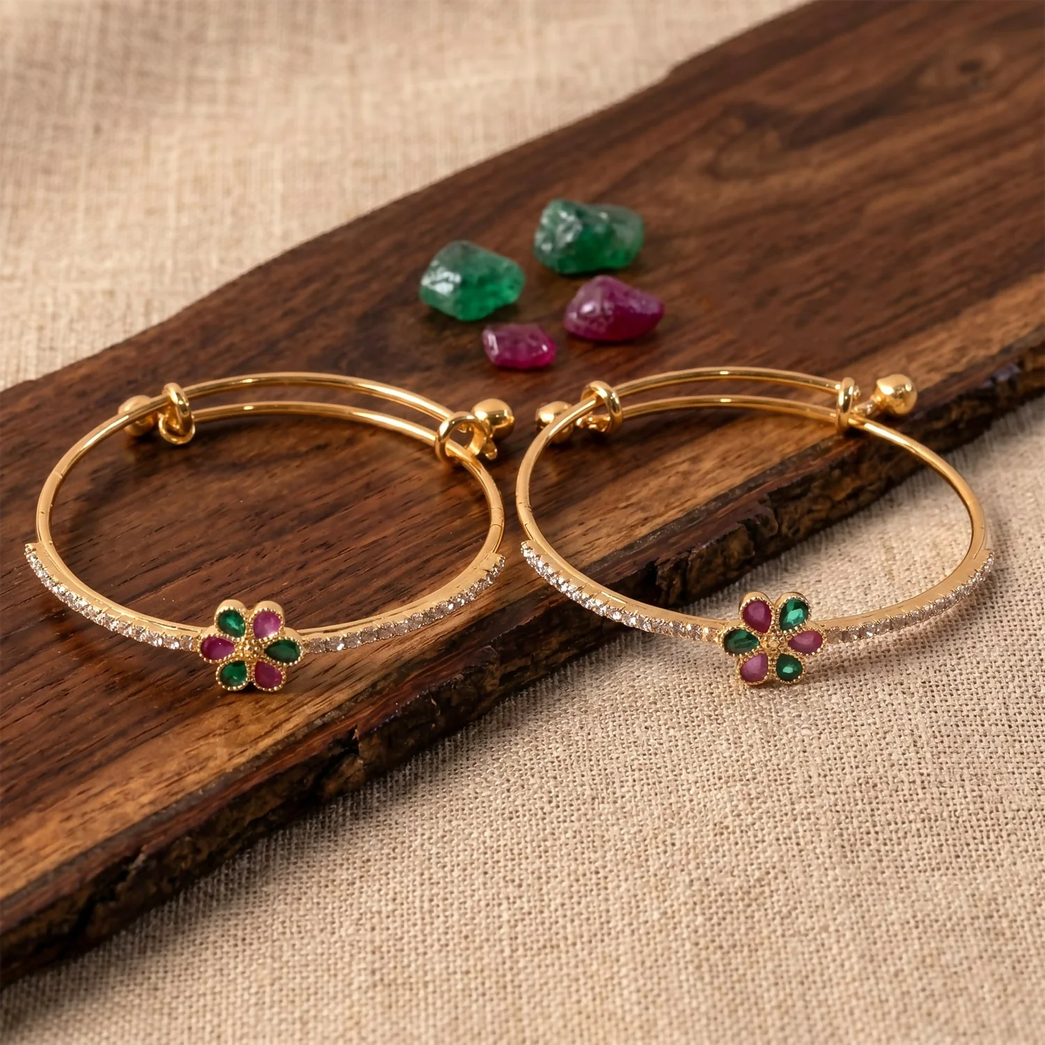 Floral Gemstone Adjustable Gold Finish Bangles for Women - Image 3