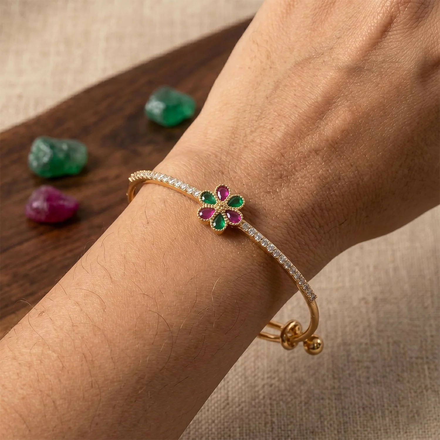 Floral Gemstone Adjustable Gold Finish Bangles for Women - Image 4