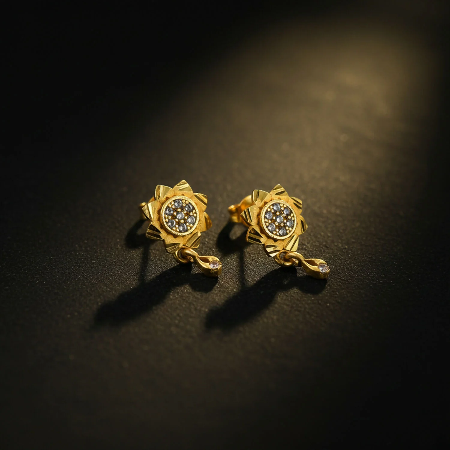 Floral Inspired Gold Finish Drop Earrings with Sparkling Stone Detail - Image 2