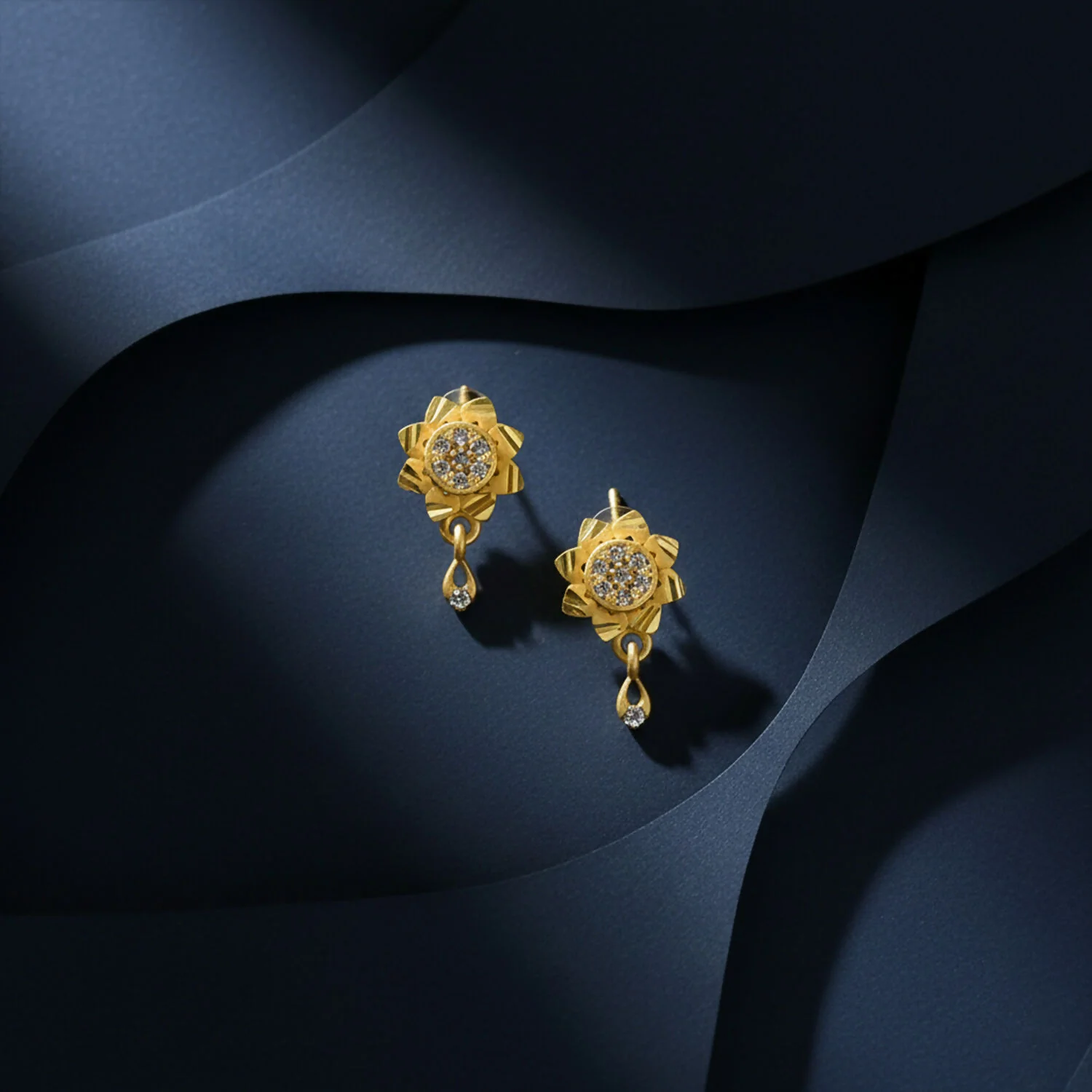Floral Inspired Gold Finish Drop Earrings with Sparkling Stone Detail - Image 3