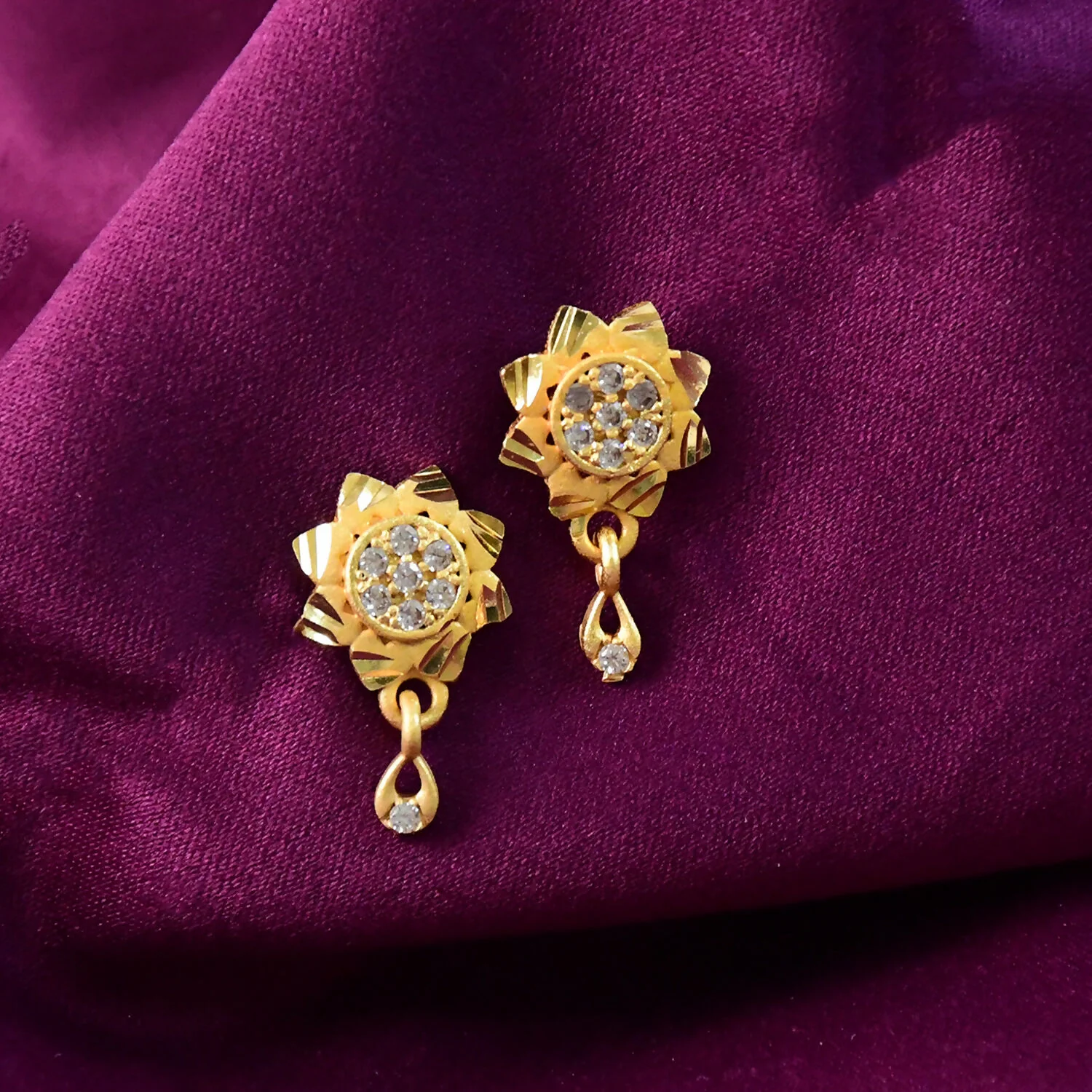 Floral Inspired Gold Finish Drop Earrings with Sparkling Stone Detail - Image 4