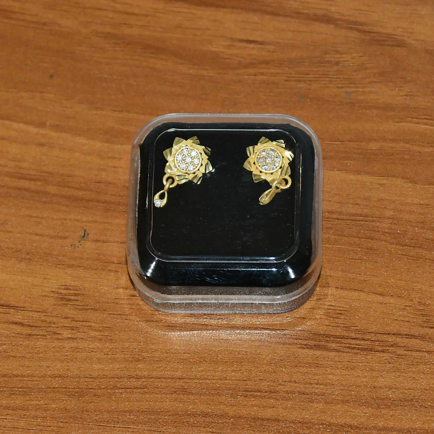 Floral Inspired Gold Finish Drop Earrings with Sparkling Stone Detail - Image 6