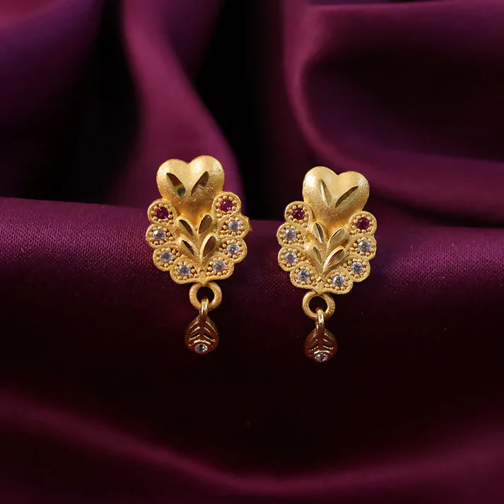Floral Inspired Gold Stud Earrings With Central Stone And Teardrop Dangle Detail - Image 2