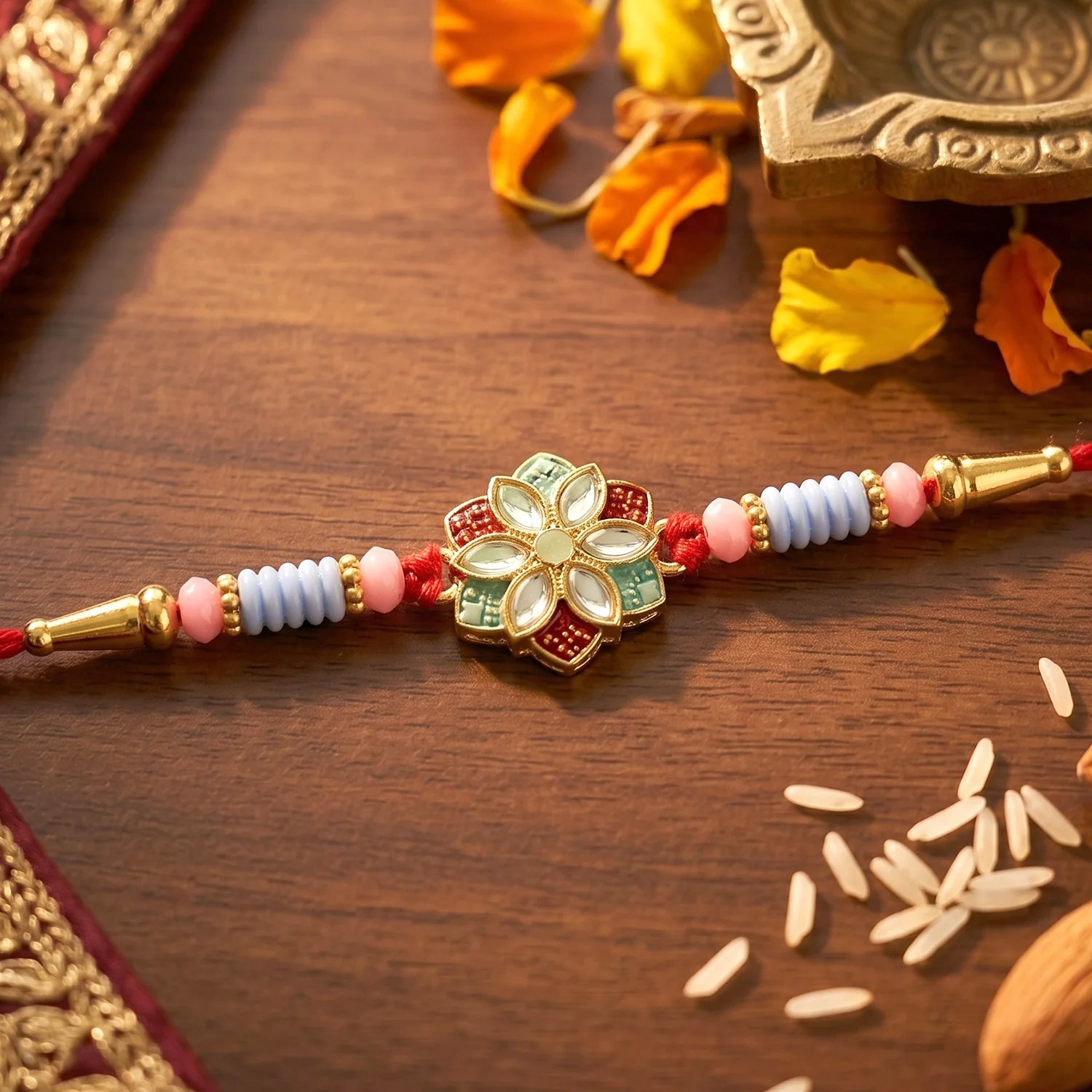 Floral Kundan Star Petal Designer Rakhi - Image 2