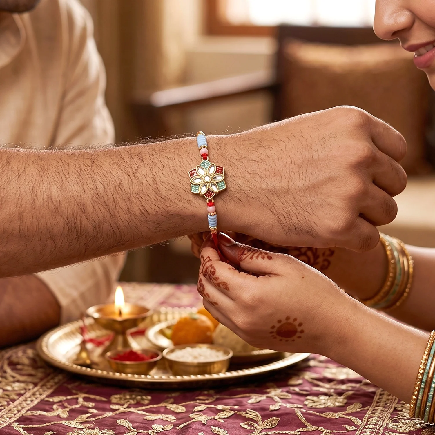Floral Kundan Star Petal Designer Rakhi - Image 3