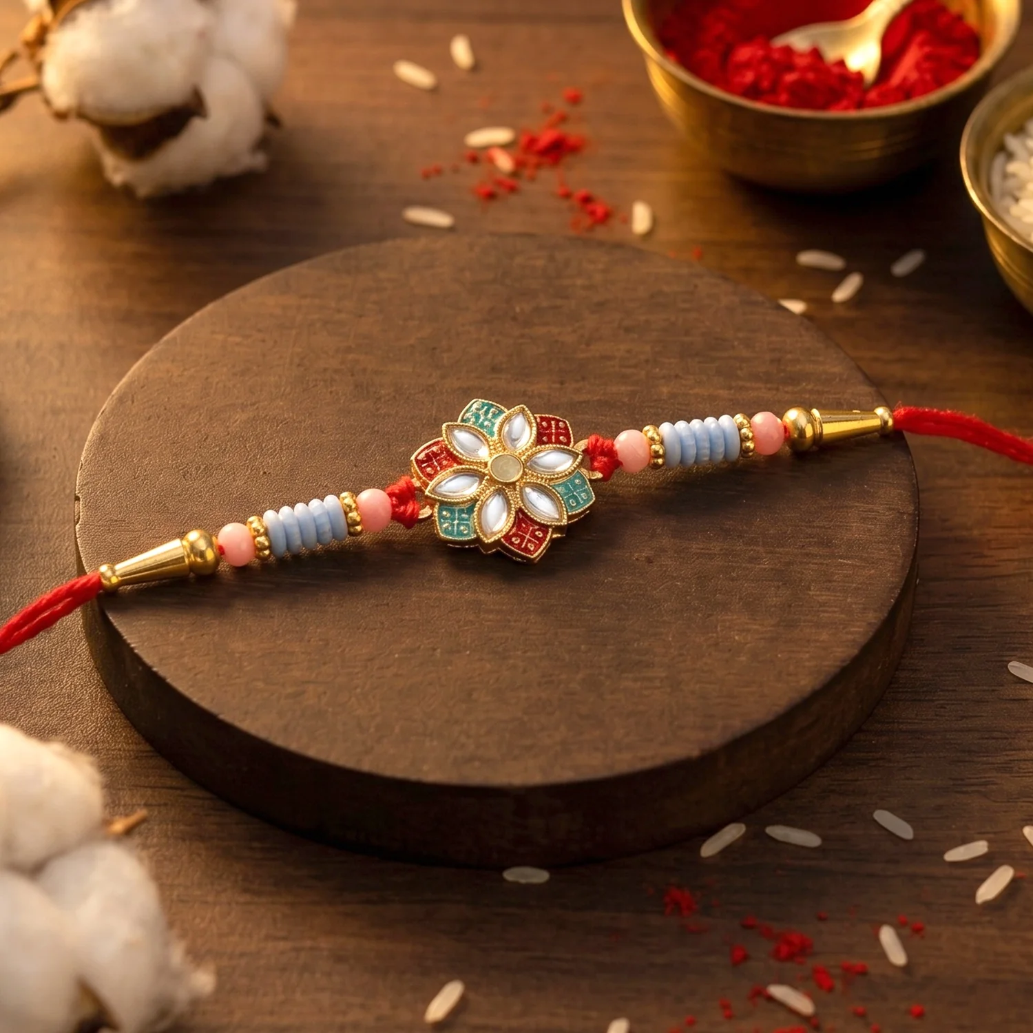 Floral Kundan Star Petal Designer Rakhi - Image 4