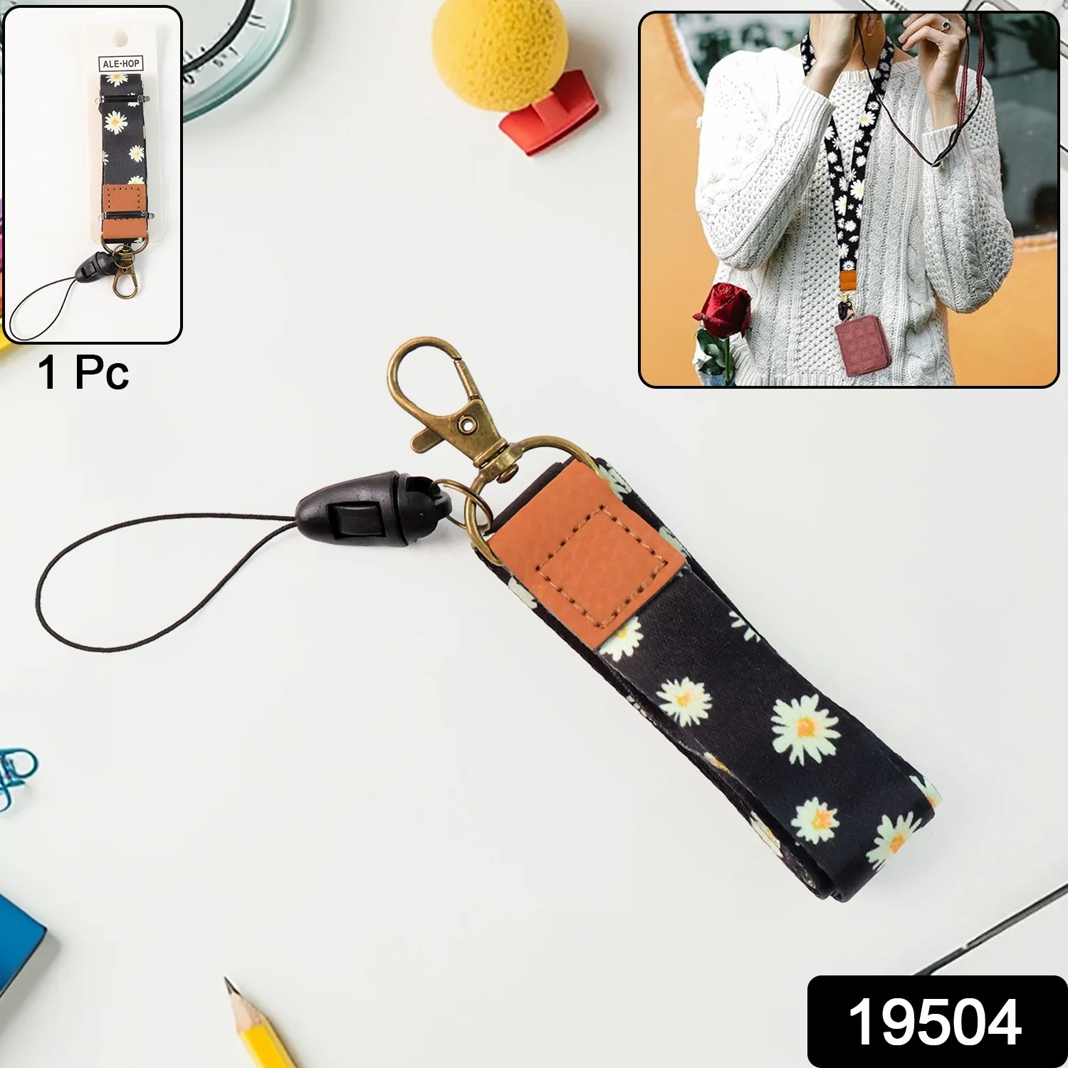 Floral Print Neck Lanyard Strap with Clip Hook & Mobile String (1 Pc) - Image 2