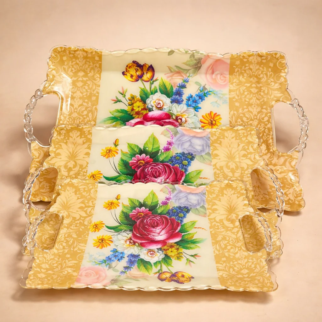 Floral Printed Serving Tray Set of 3 with Handles Multipurpose - Image 5