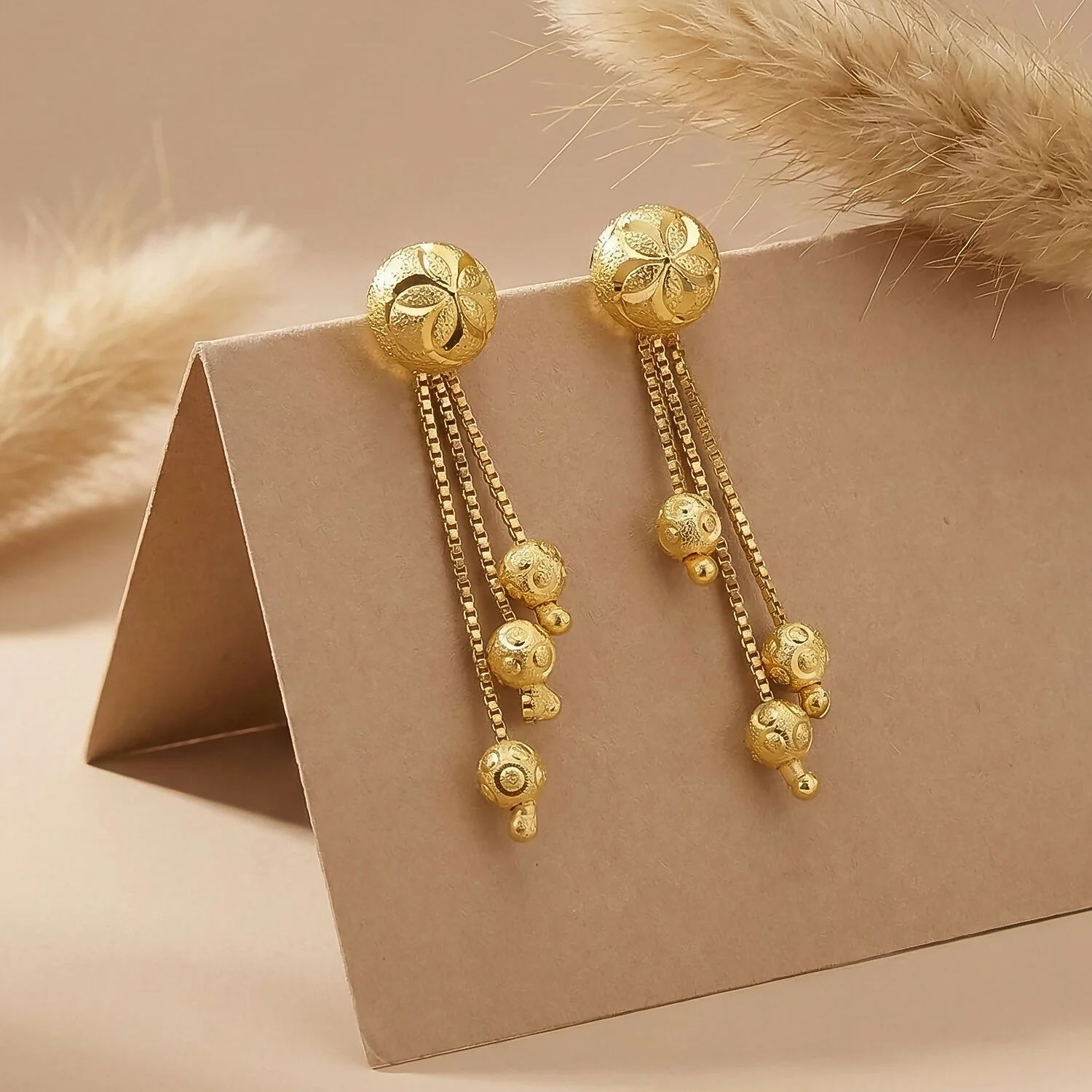 Floral Stud Chain Drop Earring with Elegant Bead Accents - Image 2