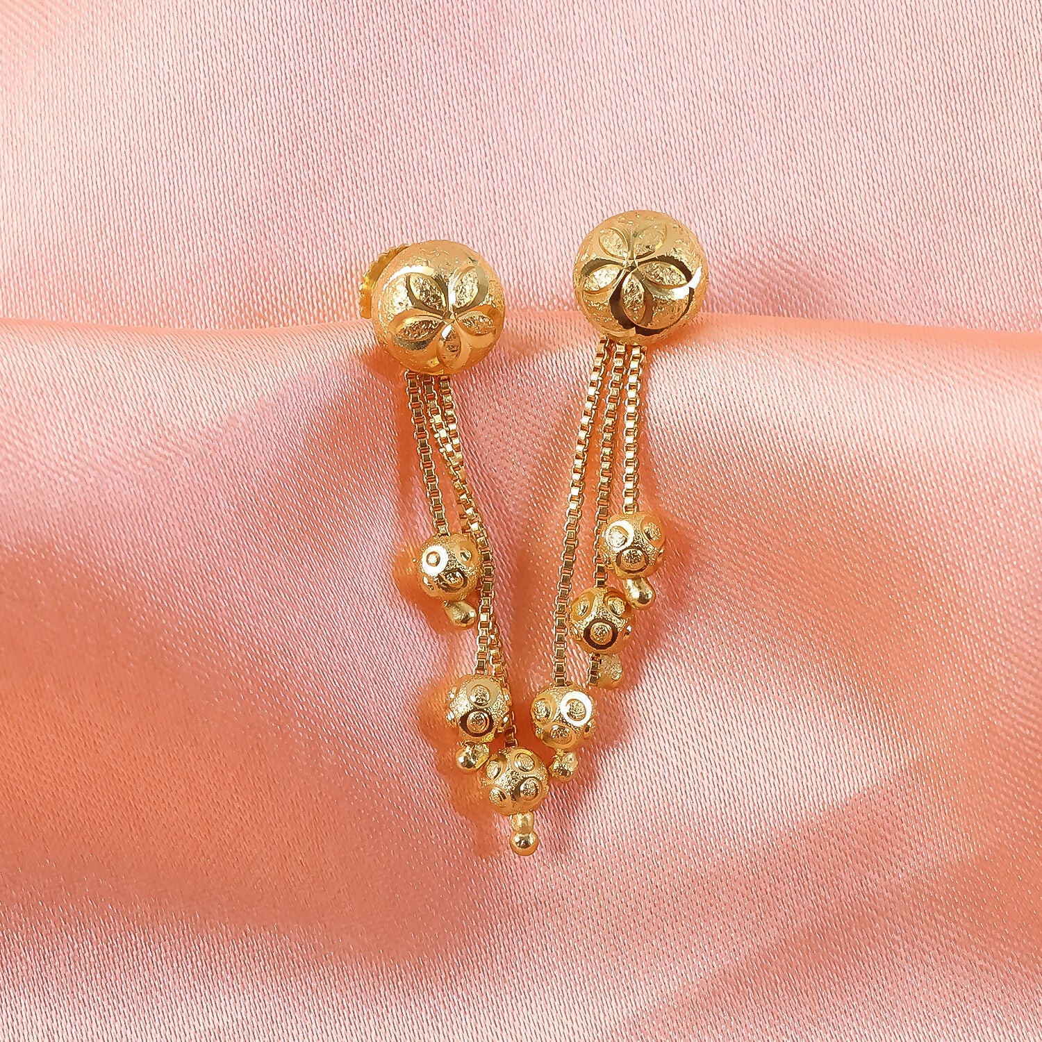 Floral Stud Chain Drop Earring with Elegant Bead Accents - Image 3