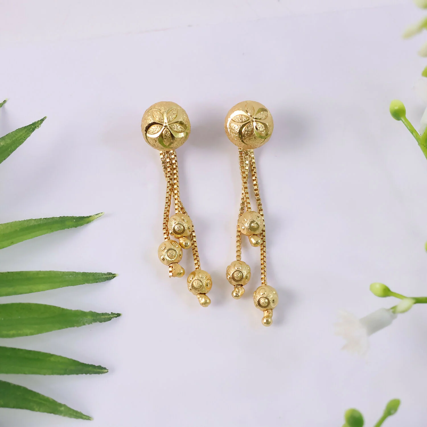 Floral Stud Chain Drop Earring with Elegant Bead Accents - Image 4