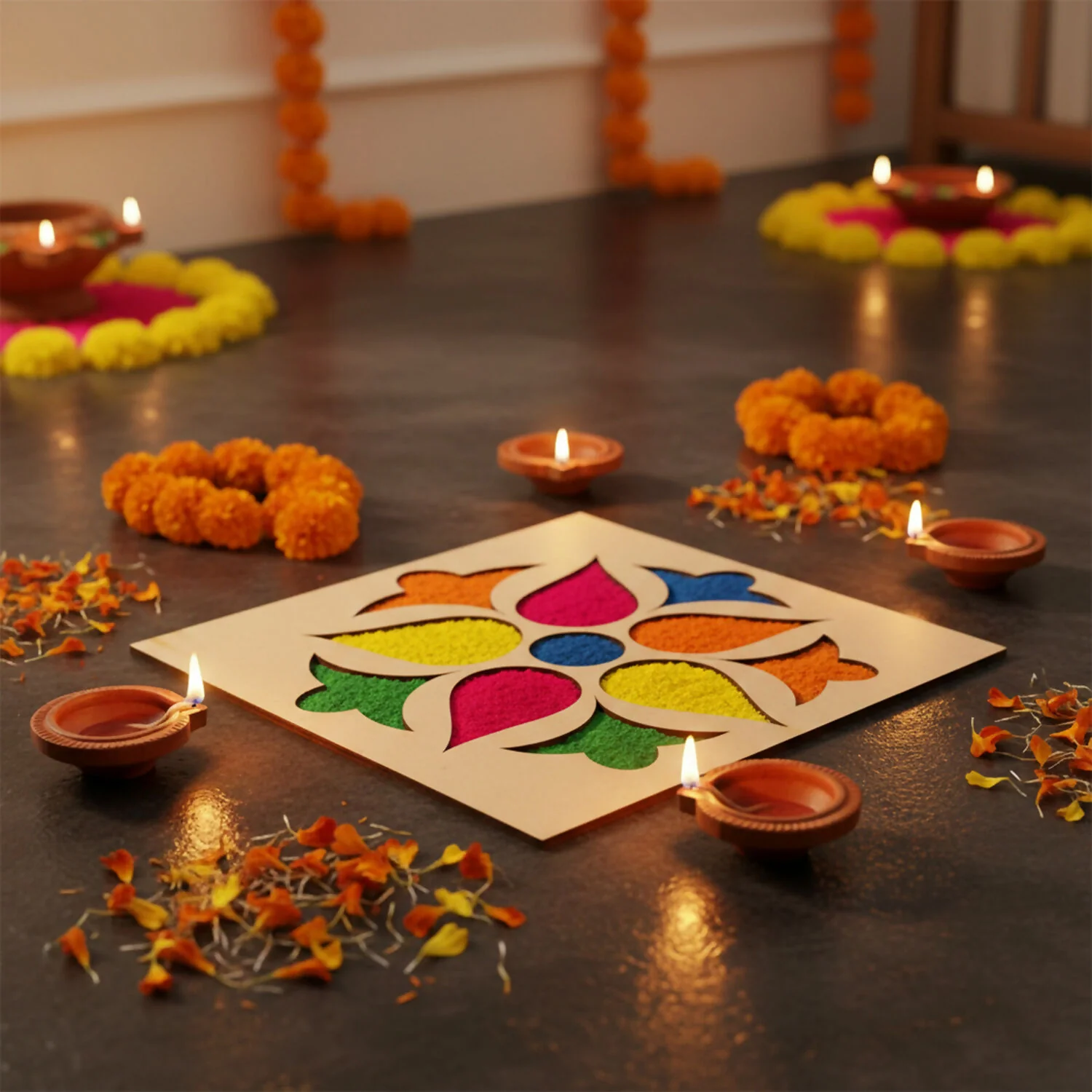 Flower Petal Rangoli MDF Design | Reusable Diwali Rangoli - Image 3